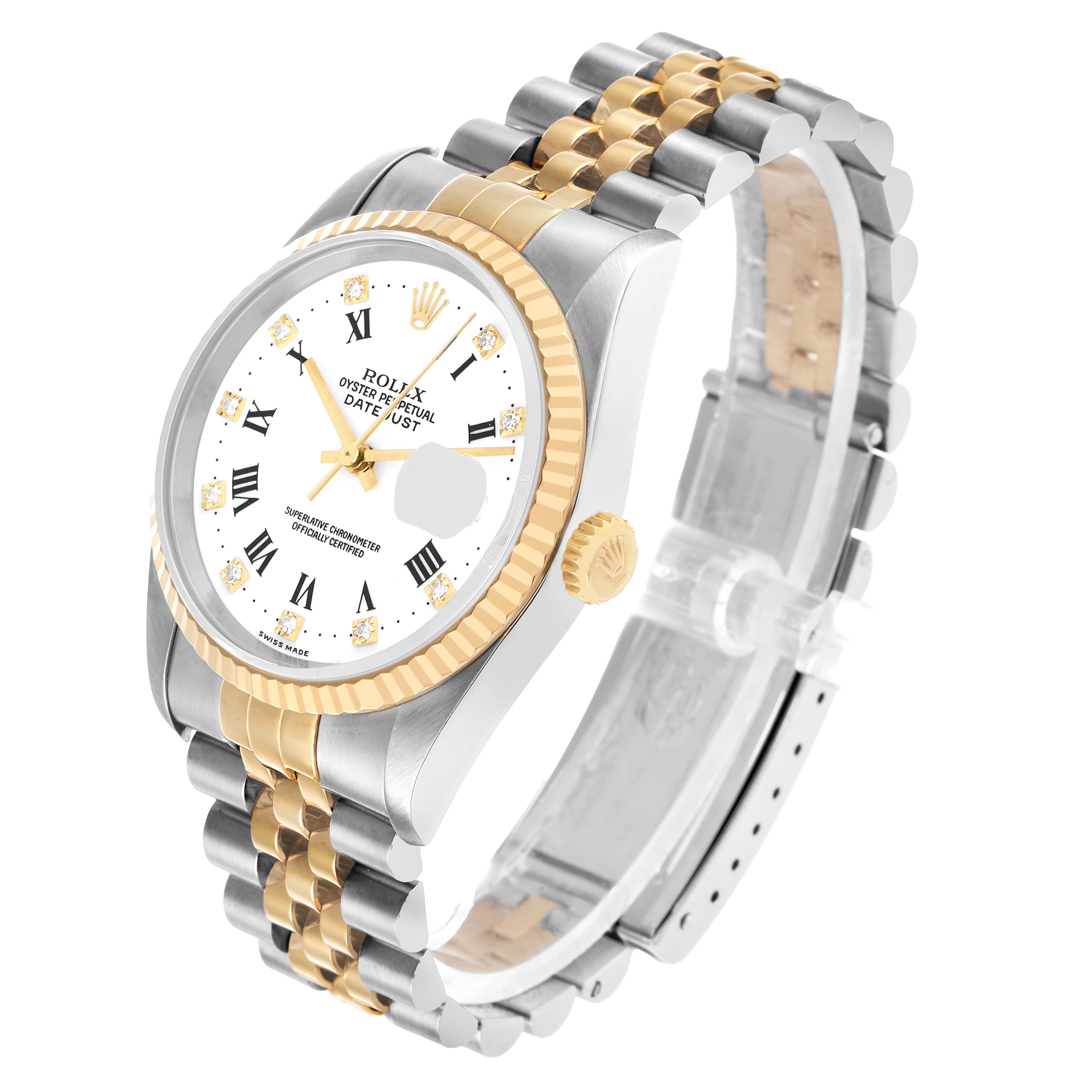 The Rolex Datejust 16233 Men's Steel and Gold (two tone) White Dial watch is shown at a three-quarter angle, highlighting the face, bezel, crown, and two-tone bracelet.