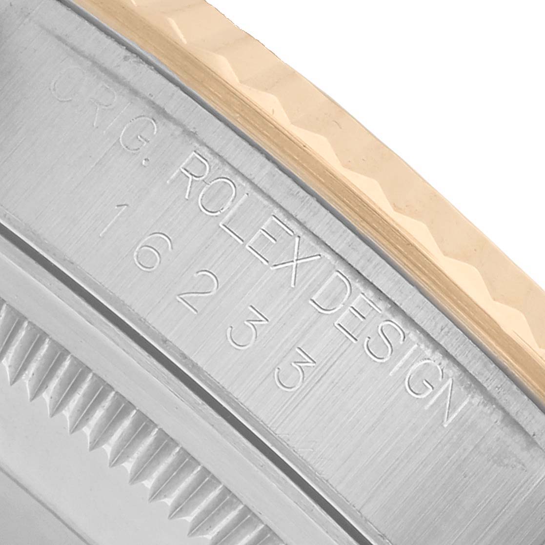 The image shows a close-up of the side of a Rolex Datejust 16233 Men's Steel and Gold (two tone) White Dial watch, focusing on the reference number engraving and part of the bezel.