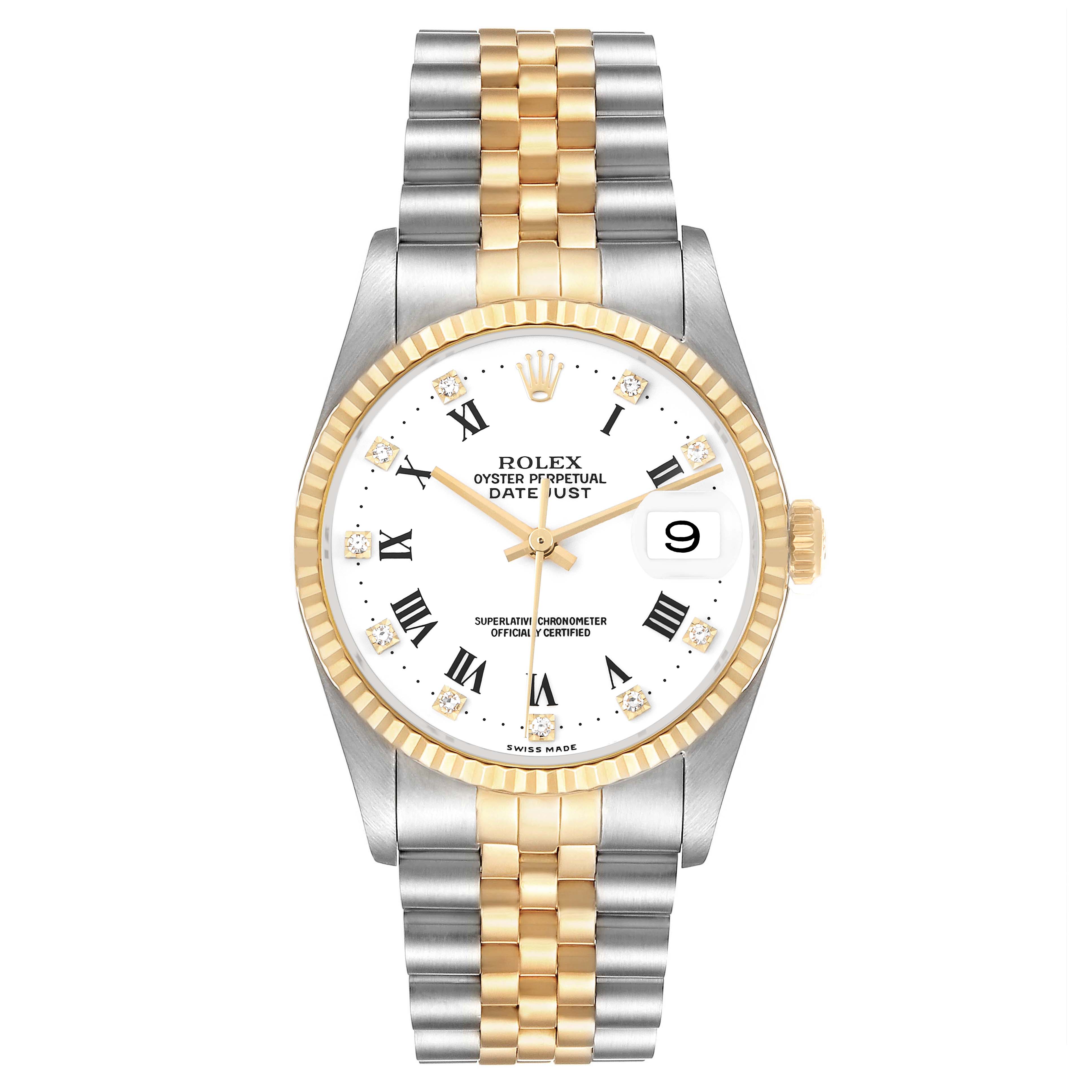 The Rolex Datejust 16233 Men's Steel and Gold (two tone) White Dial watch is shown from a front angle, displaying the dial, bezel, and two-tone bracelet.