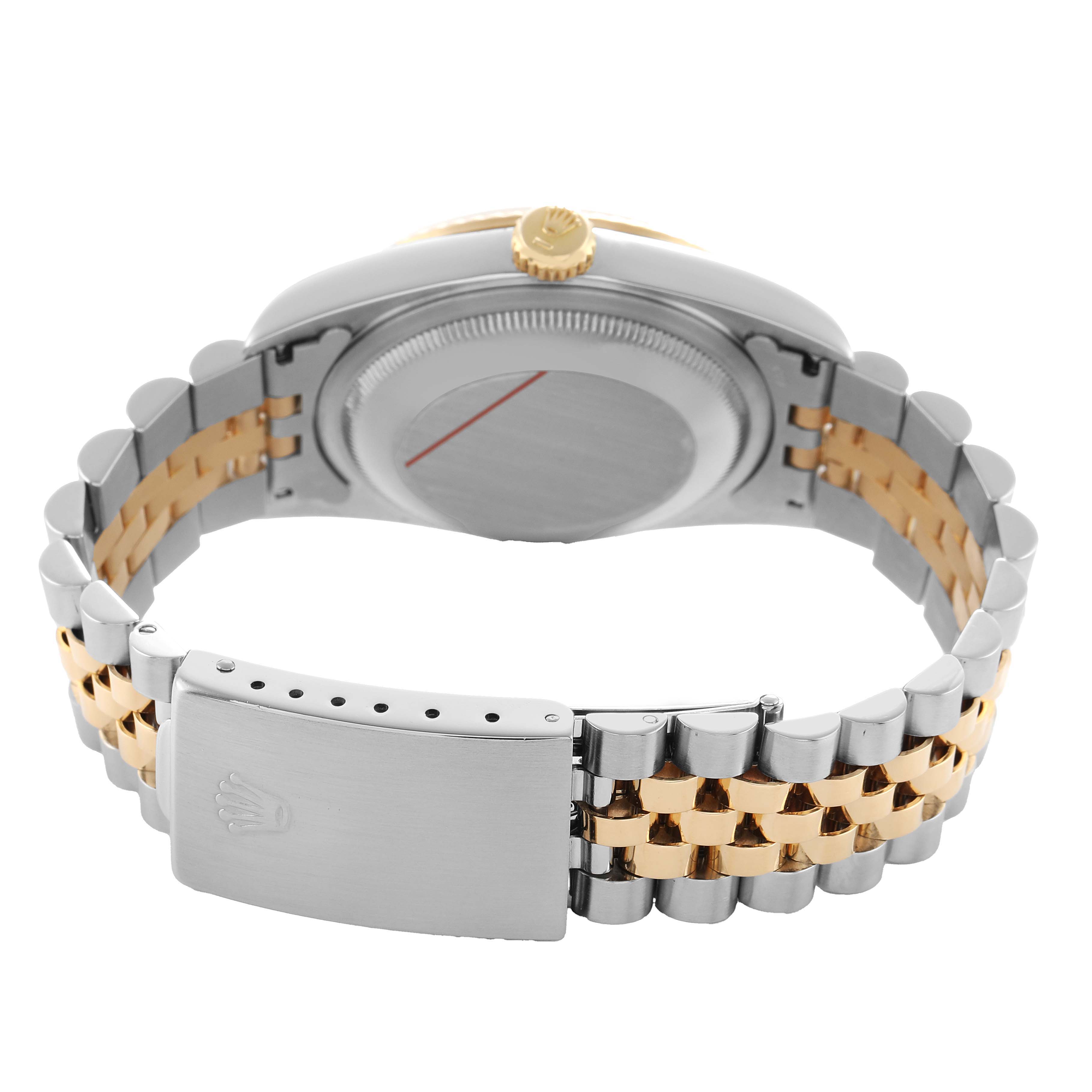 The image shows the back of a Rolex Datejust 16233 Men's Steel and Gold (two tone) White Dial watch, highlighting the clasp, bracelet, case back, and crown from a rear angle.