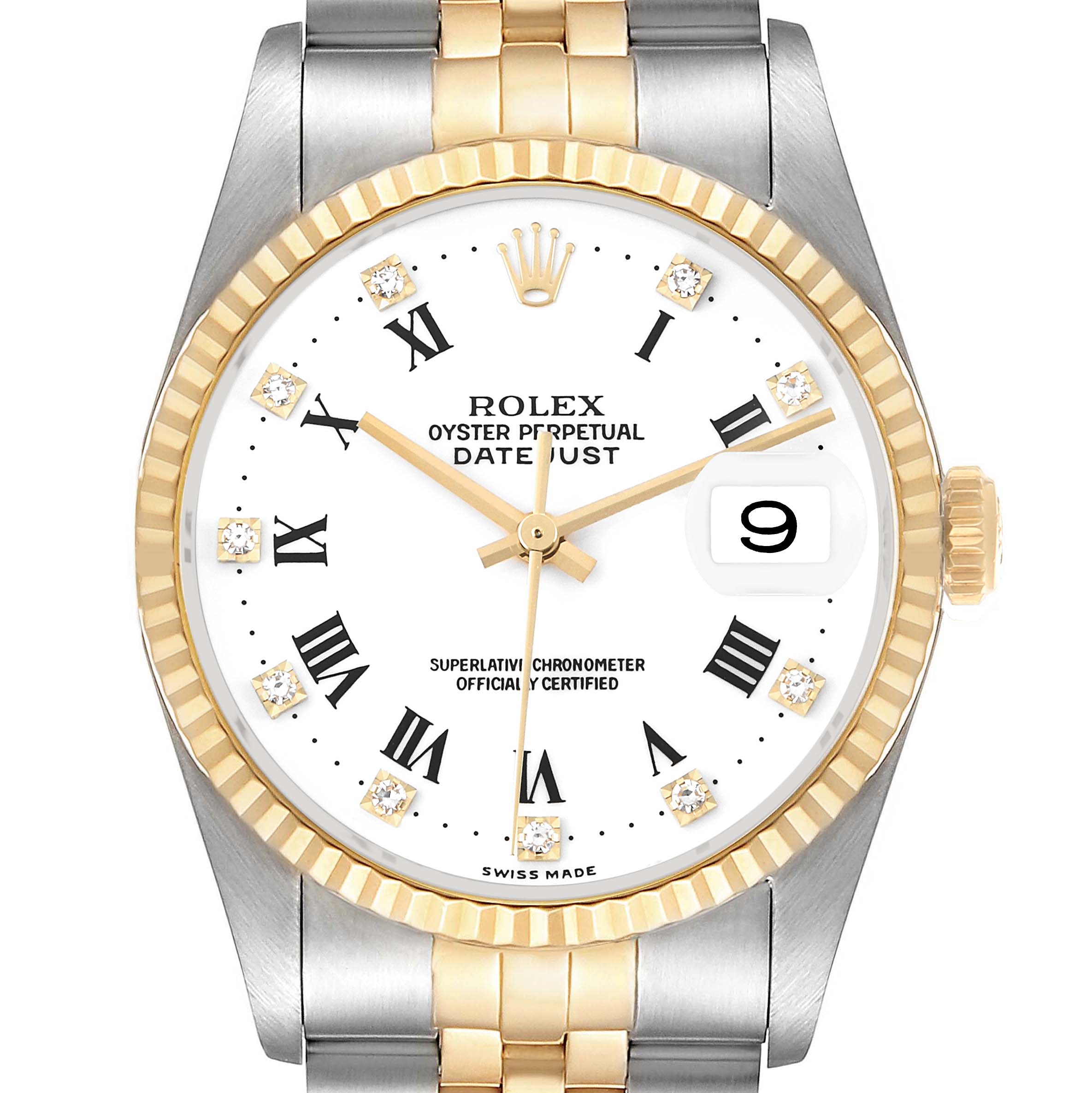 The Rolex Datejust 16233 Men's Steel and Gold (two tone) White Dial is shown from the front, highlighting its dial, bezel, crown, and part of the bracelet.