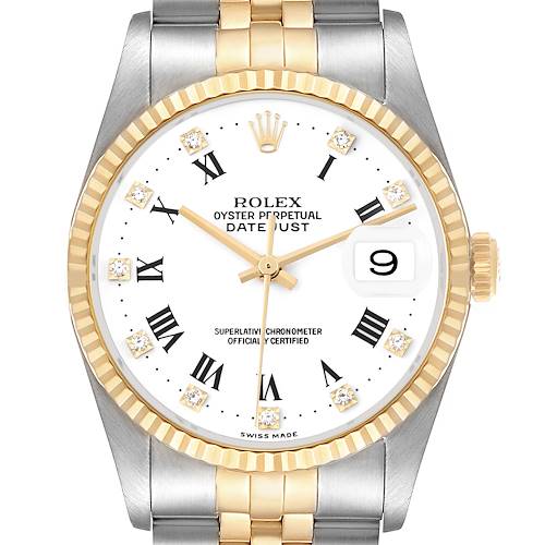 Photo of Rolex Datejust Steel Yellow Gold White Roman Diamond Mens Watch 16233
