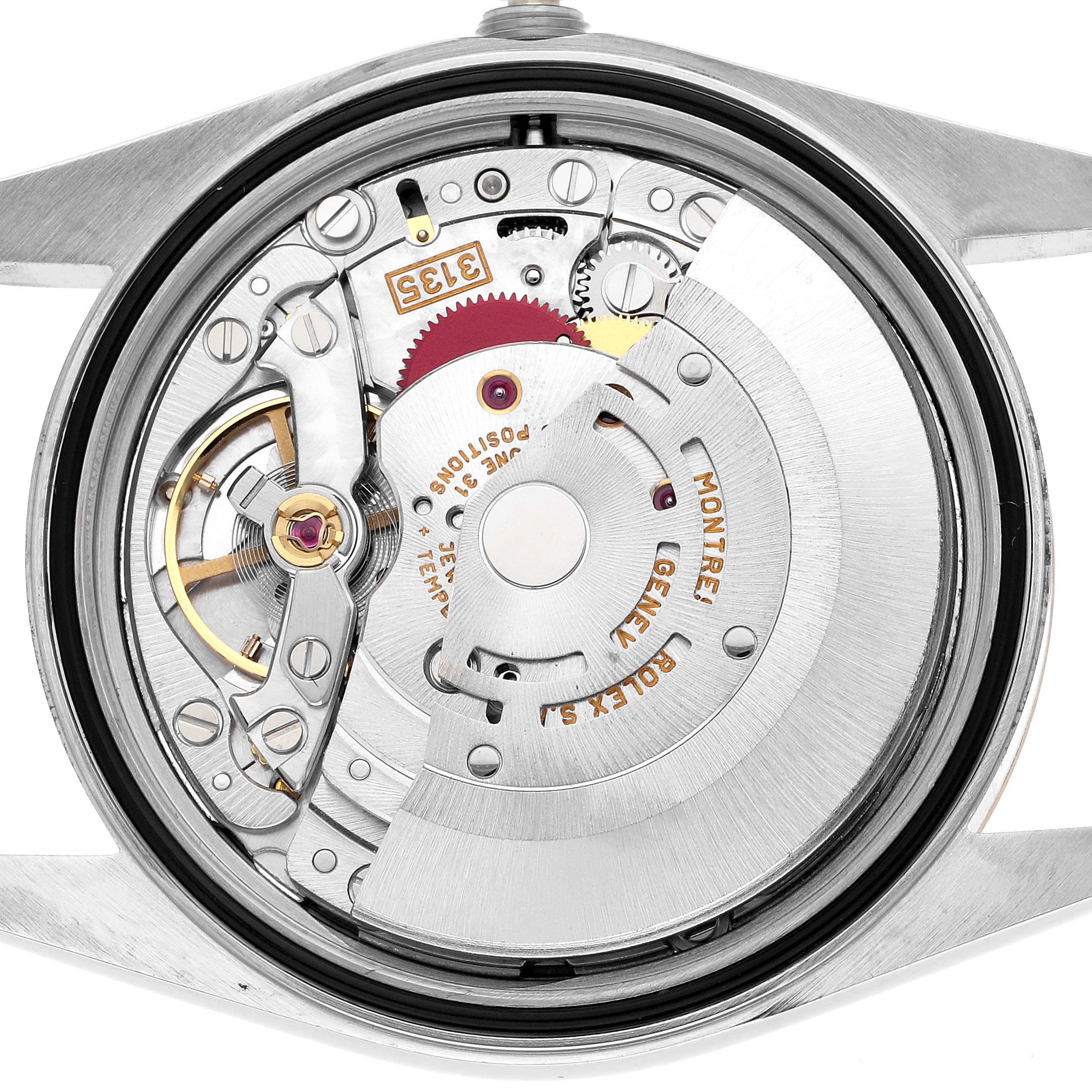 This image shows the inner mechanism of a Rolex Datejust 16233 Men's Steel and Gold (two tone) White Dial watch, focusing on the movement and rotor, viewed from the back.