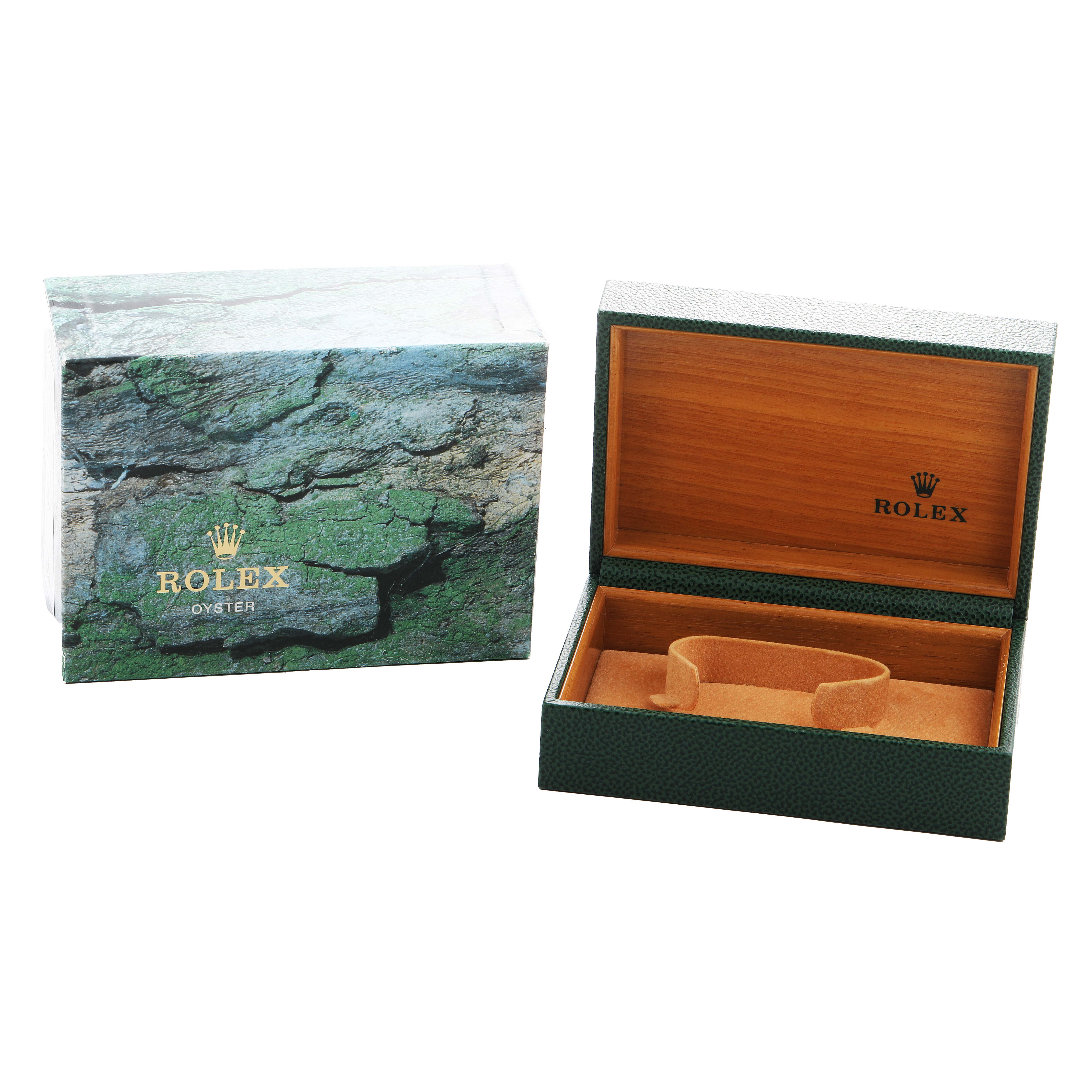 The image shows a Rolex Datejust 16233 Men's Steel and Gold (two tone) White Dial watch box and packaging with a green and wood-textured design.