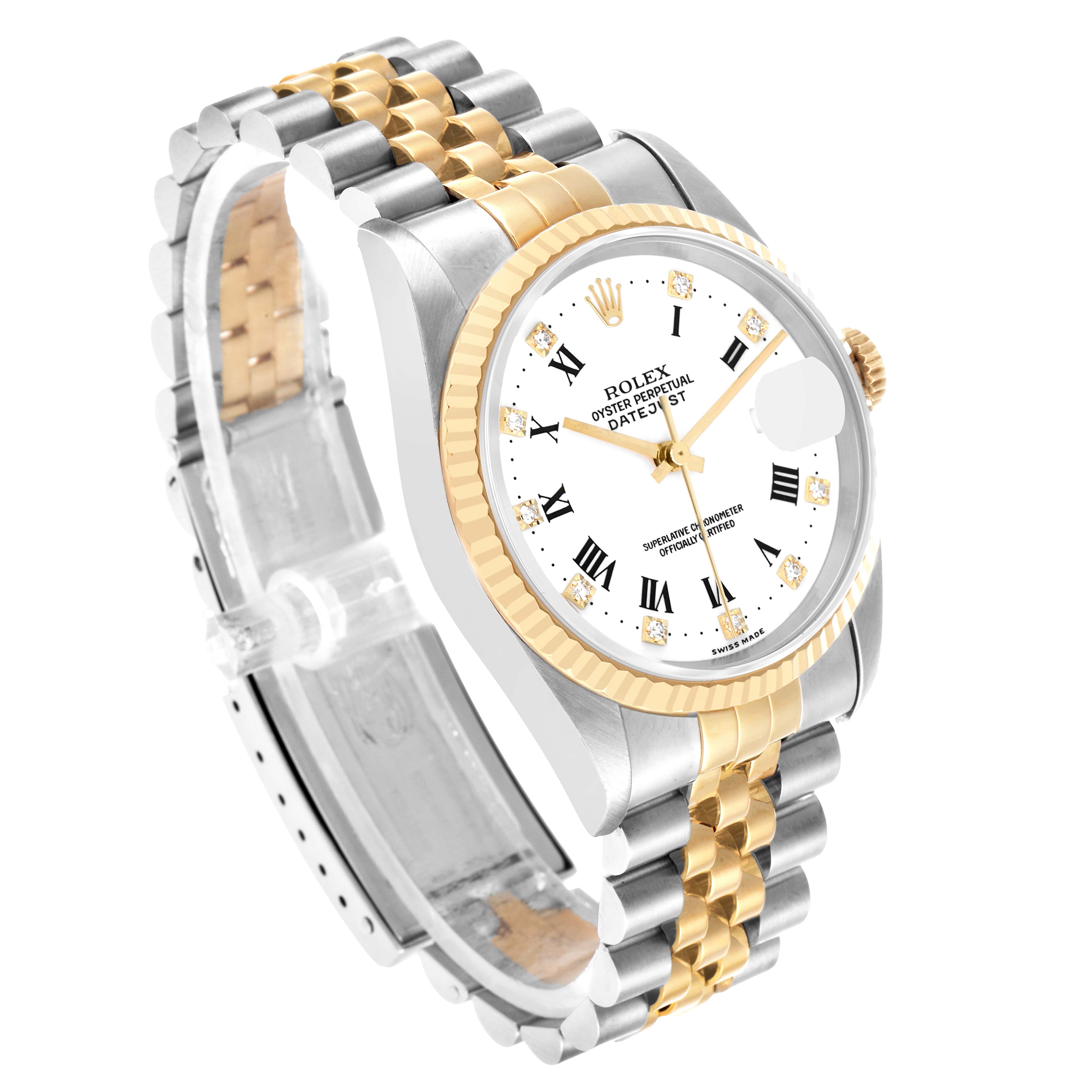 The Rolex Datejust 16233 Men's Steel and Gold (two tone) White Dial watch is shown at a slight angle, displaying its face, bezel, and two-tone bracelet.