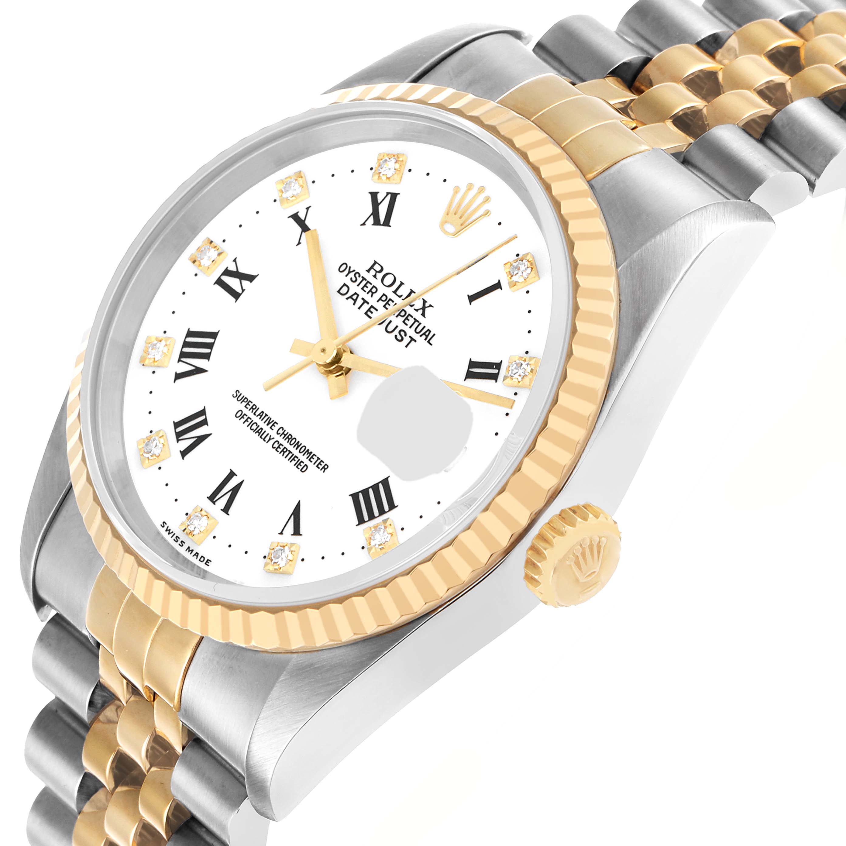 The Rolex Datejust 16233 Men's Steel and Gold (two tone) White Dial watch is shown at an angled view highlighting the dial, fluted bezel, crown, and bracelet.