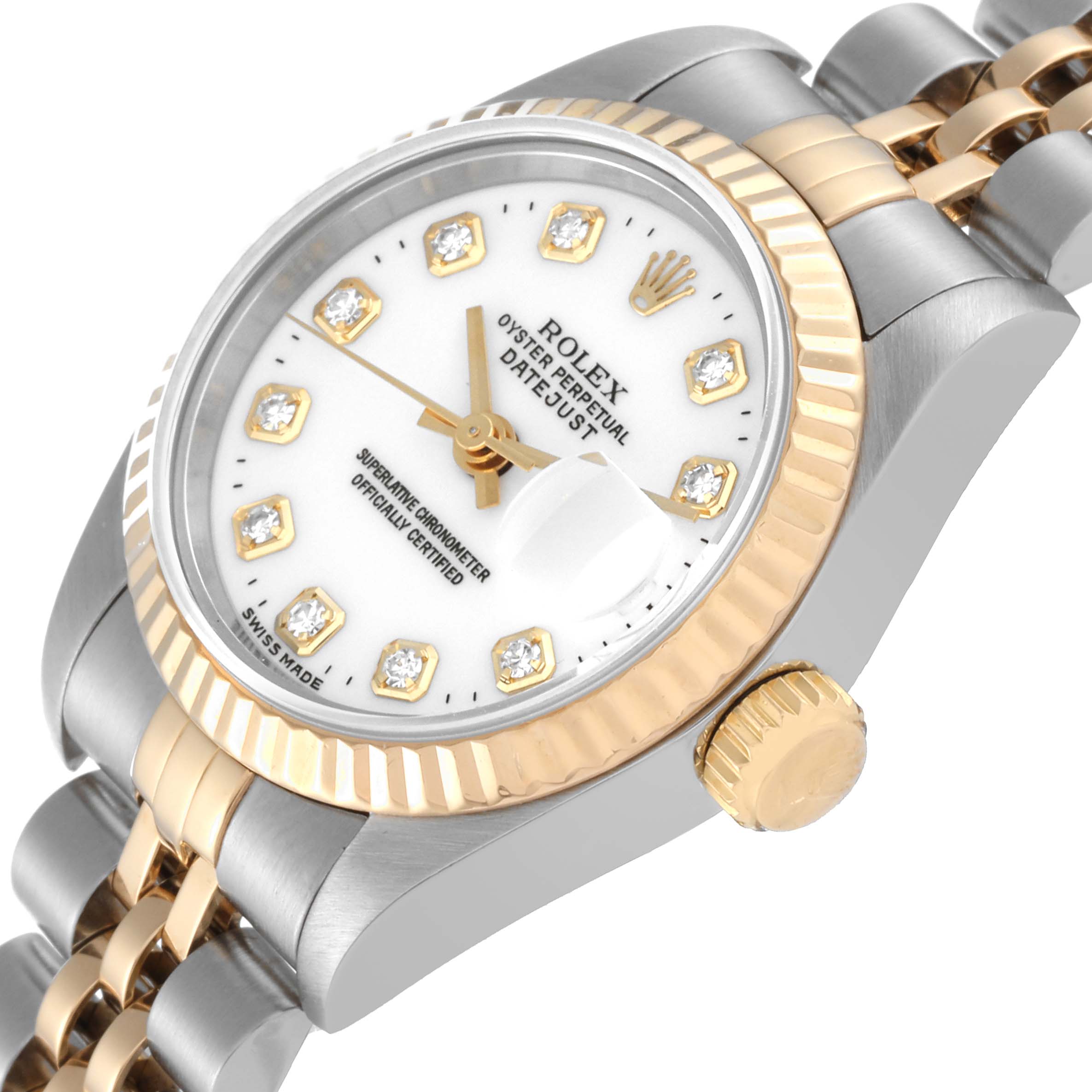 The image shows a close-up angle of the Rolex Datejust 69173 Women's Steel and Gold (two tone) White Dial 69173 Women's Steel and Gold (two tone) White Dial watch, highlighting the dial, bezel, crown, and part of the bracelet.