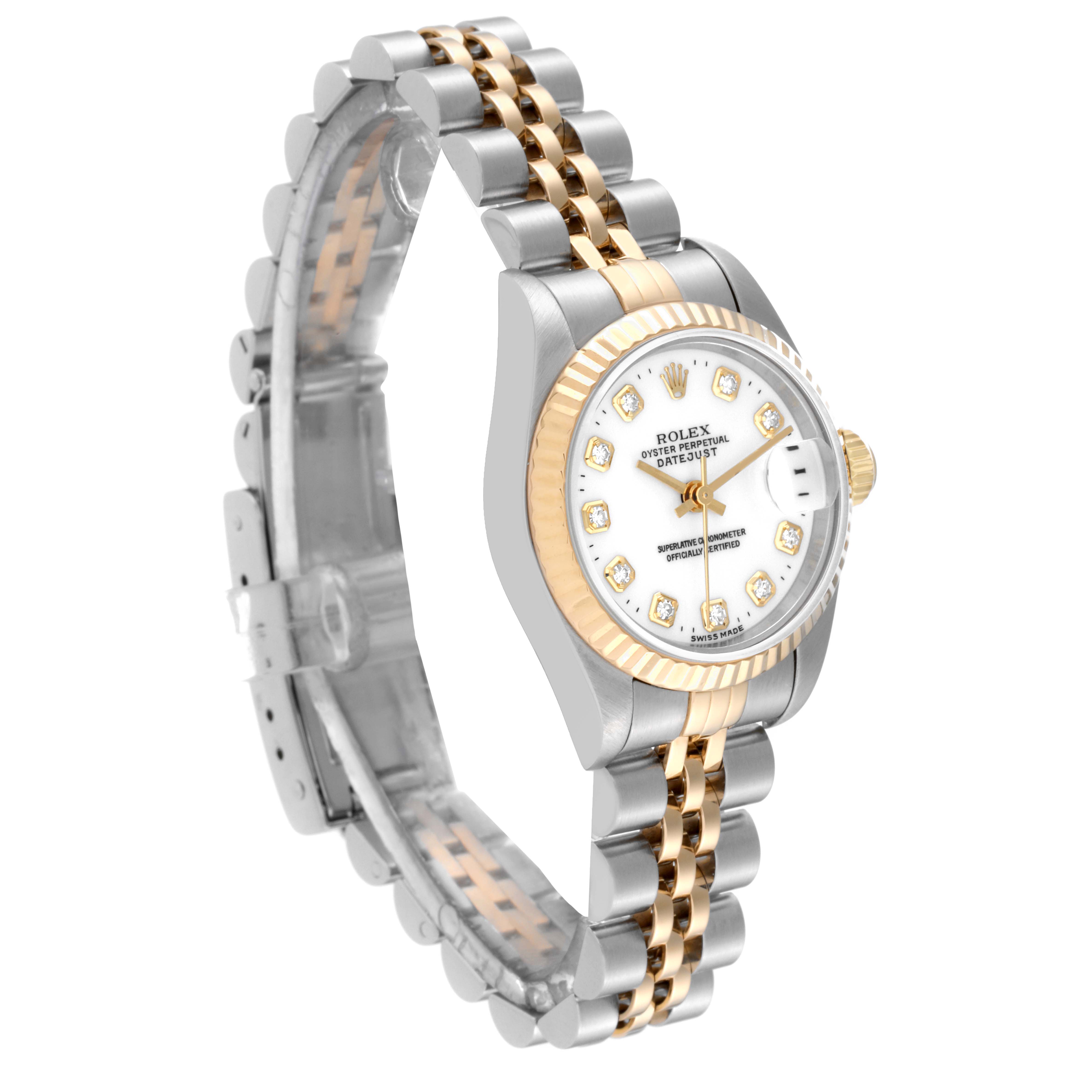 The image shows a Rolex Datejust 69173 Women's Steel and Gold (two tone) White Dial 69173 Women's Steel and Gold (two tone) White Dial watch from a three-quarter angle, highlighting its bracelet, bezel, dial, and crown.