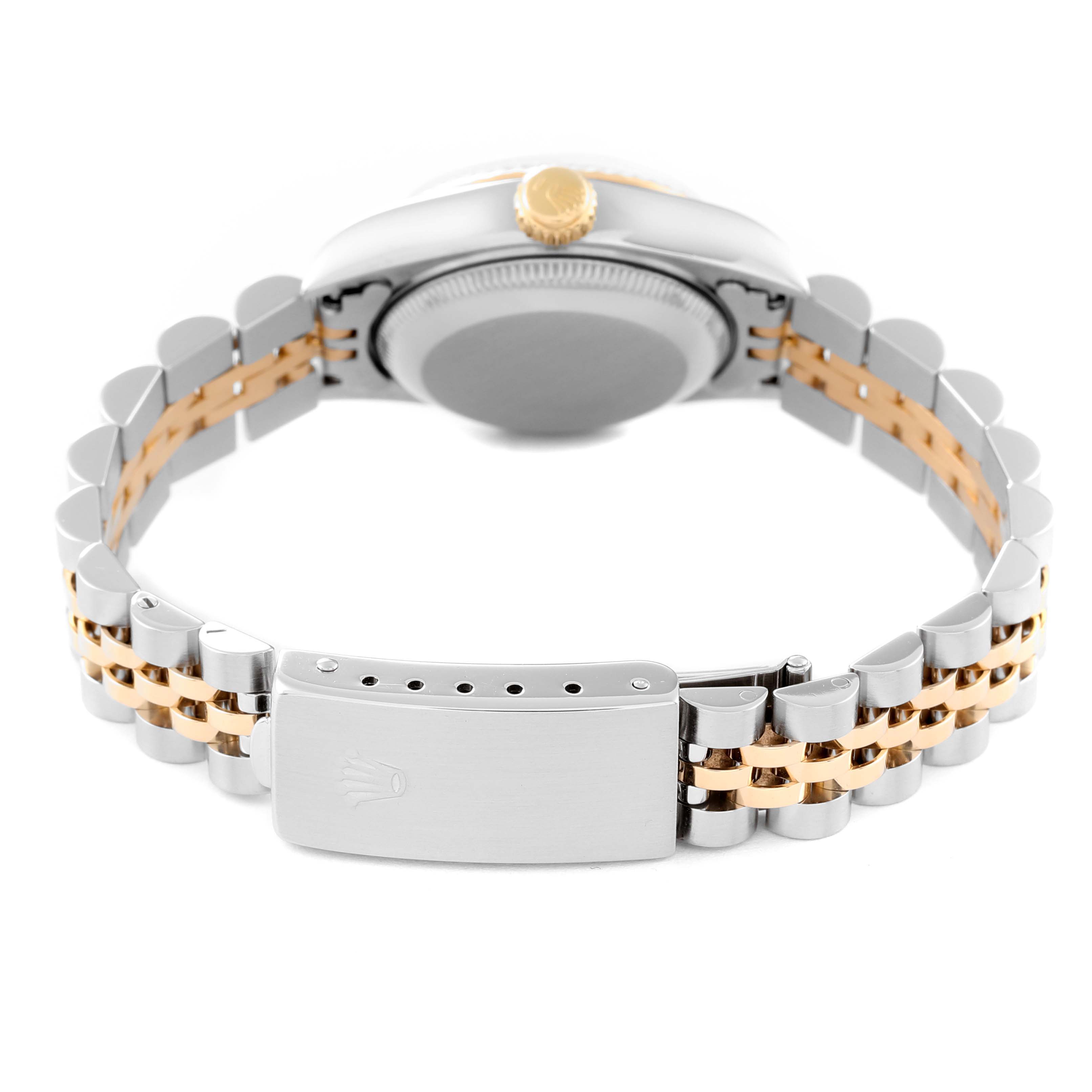 The image shows the back of the Rolex Datejust 69173 Women's Steel and Gold (two tone) White Dial 69173 Women's Steel and Gold (two tone) White Dial watch, highlighting the clasp and the bracelet.