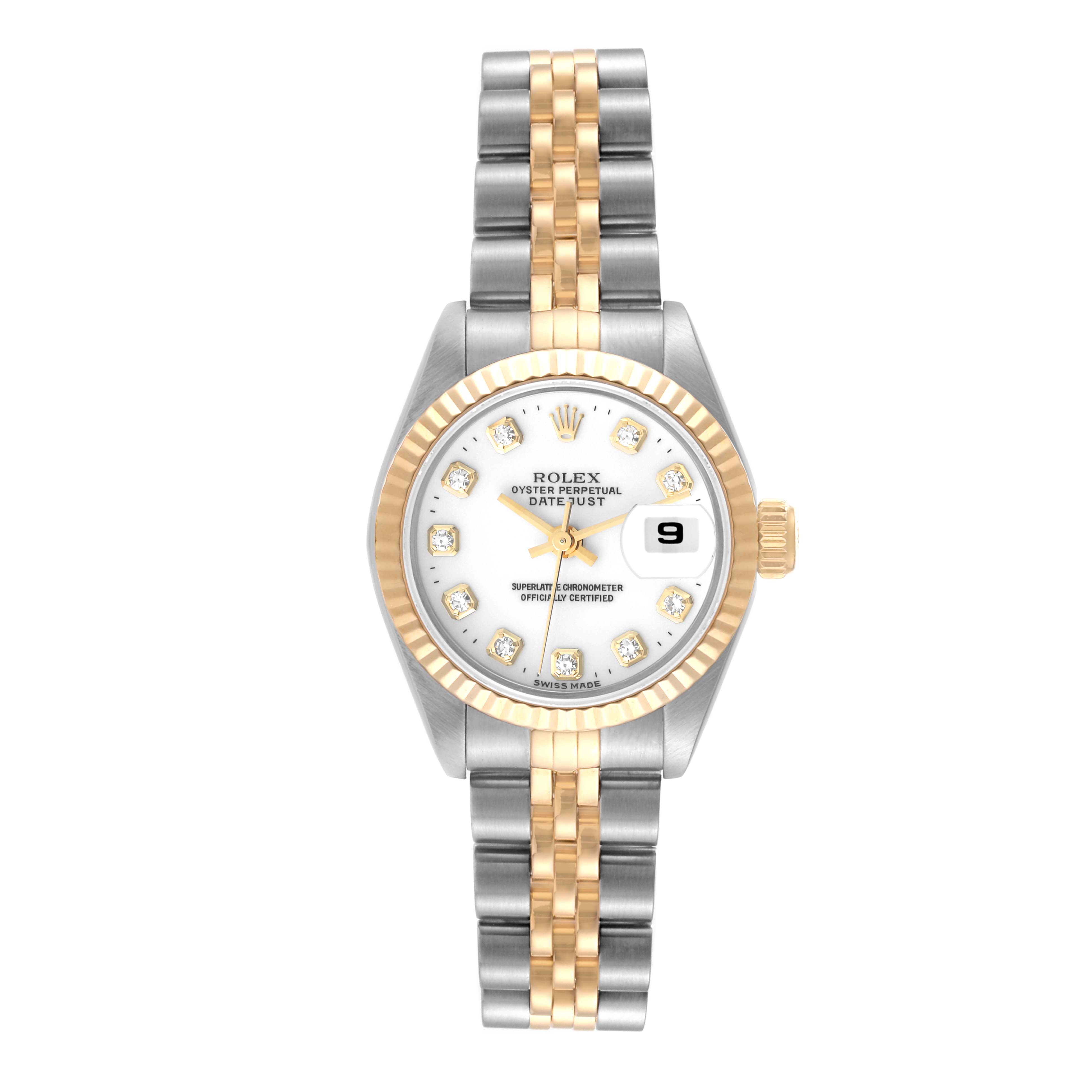 This Rolex Datejust 69173 Women's Steel and Gold (two tone) White Dial 69173 Women's Steel and Gold (two tone) White Dial watch is shown from a front angle, displaying the face, fluted bezel, date window, and bi-color bracelet.