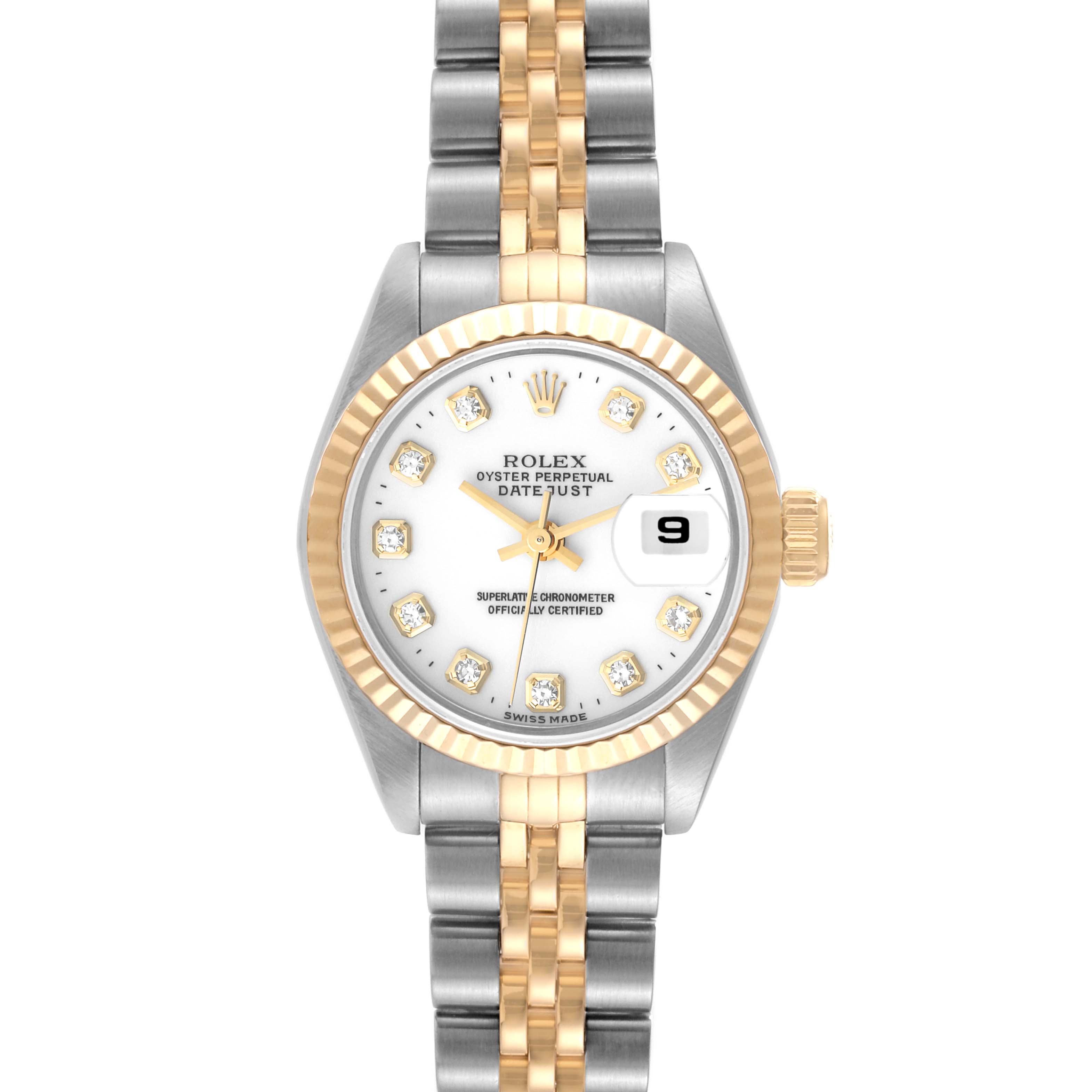 This image shows a frontal view of the Rolex Datejust 69173 Women's Steel and Gold (two tone) White Dial 69173 Women's Steel and Gold (two tone) White Dial watch, highlighting its dial, bezel, and bracelet.