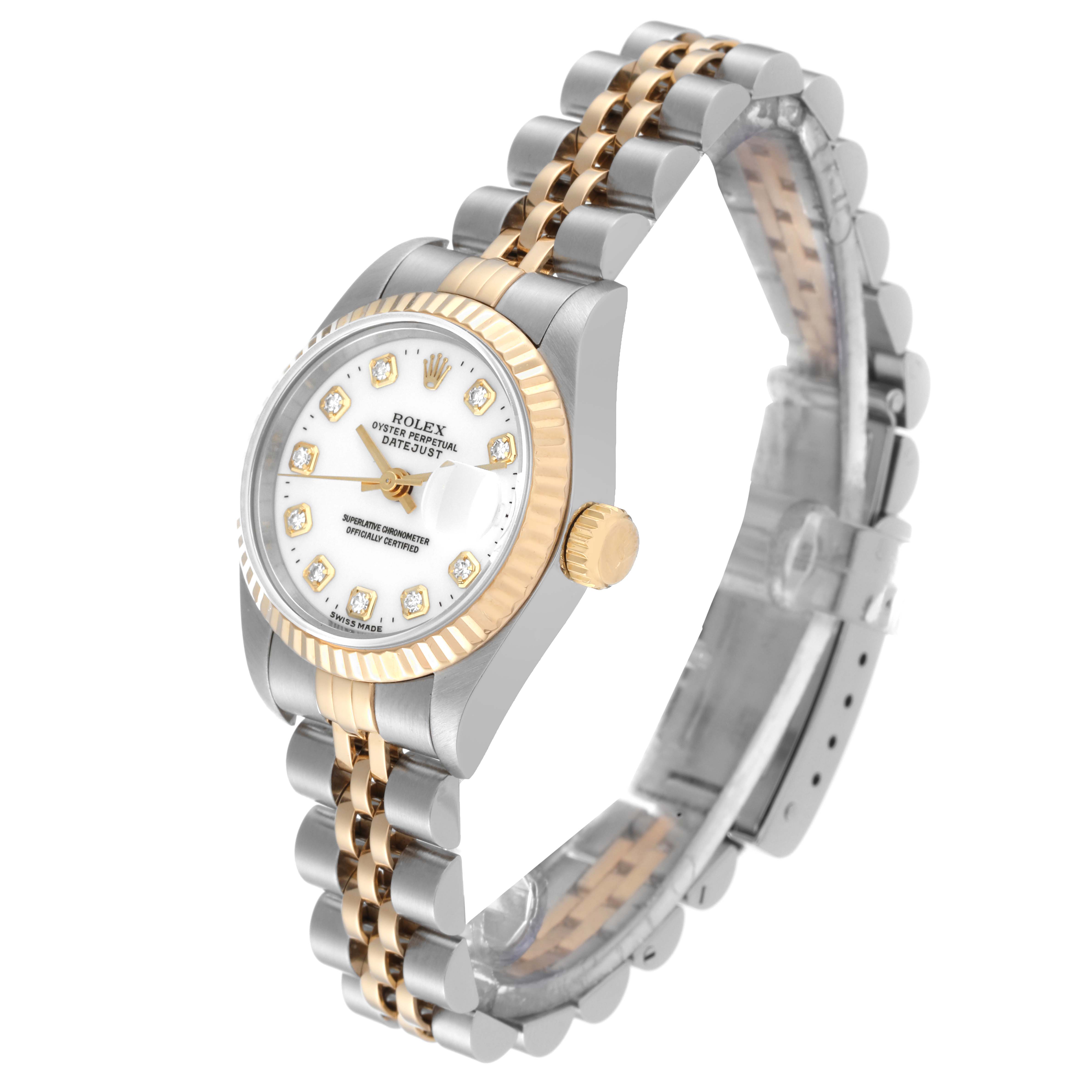 The image shows a Rolex Datejust 69173 Women's Steel and Gold (two tone) White Dial 69173 Women's Steel and Gold (two tone) White Dial watch at an angled view highlighting its face, bezel, crown, and Jubilee bracelet.