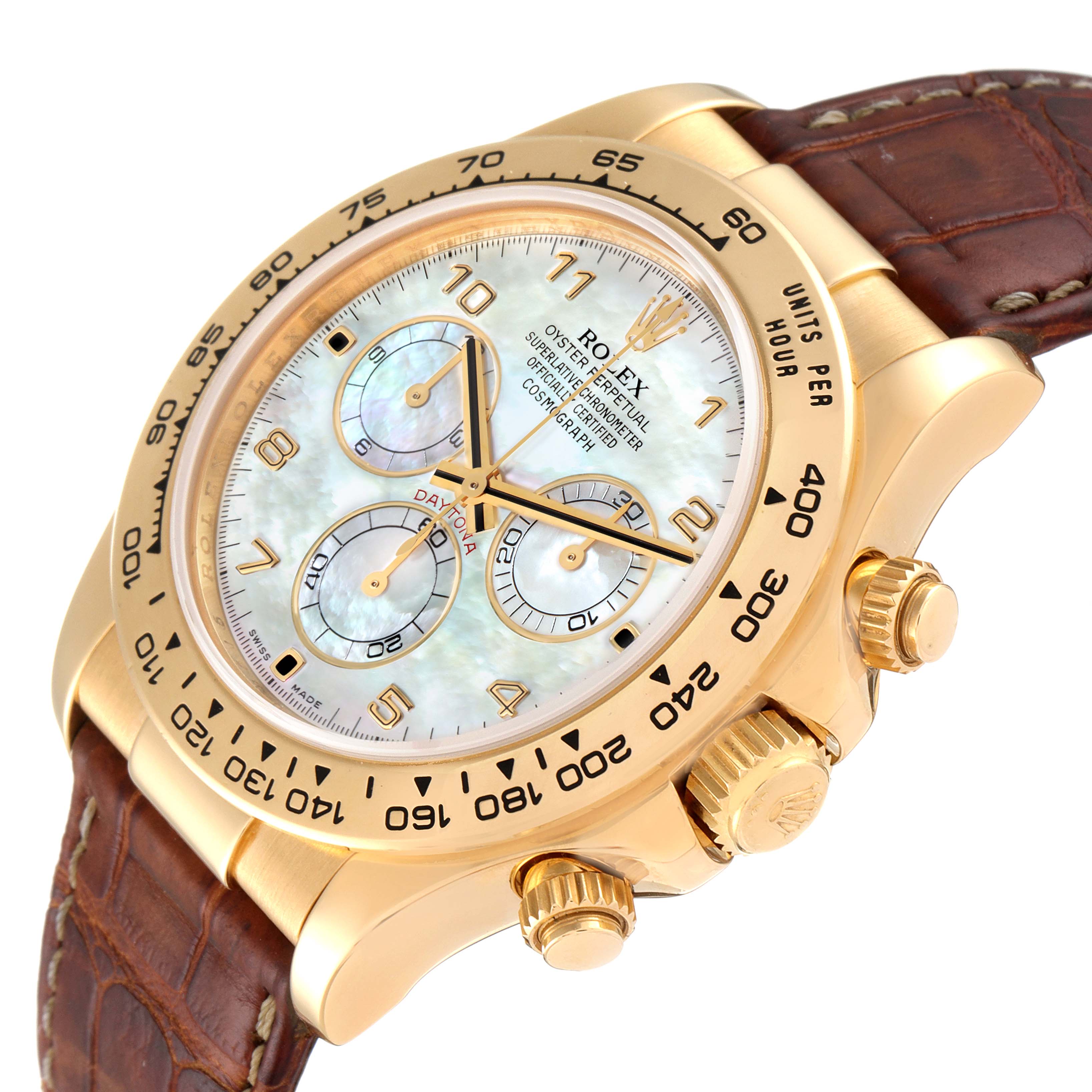 This image shows a Rolex Daytona 116518 Men's Yellow Gold Mother of Pearl Dial 116518 Men's Yellow Gold Mother of Pearl Dial watch at an angled front view, highlighting the dial, bezel, and crown, with a leather strap.