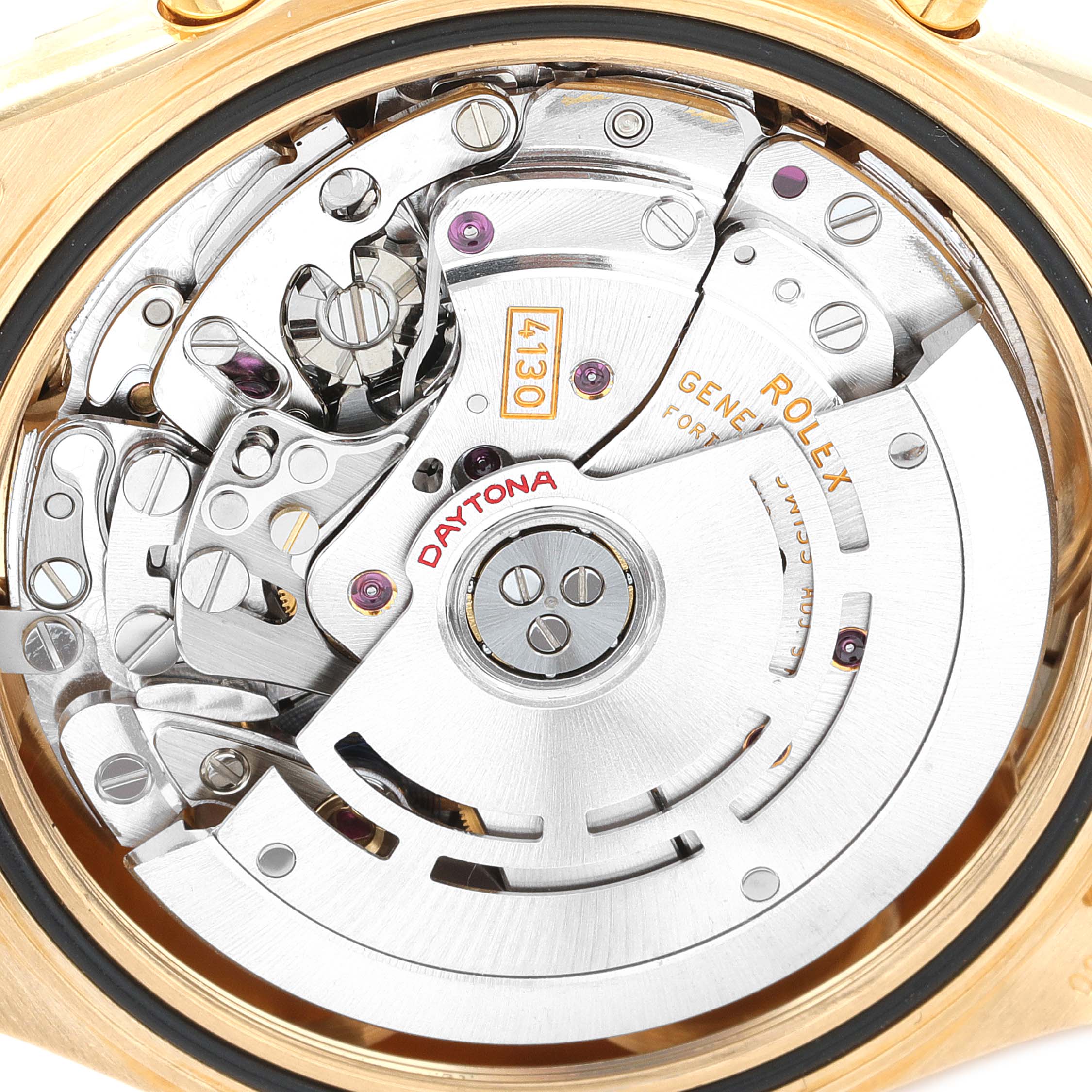 The image shows a close-up view of the movement and inner mechanics of a Rolex Daytona 116518 Men's Yellow Gold Mother of Pearl Dial 116518 Men's Yellow Gold Mother of Pearl Dial watch.
