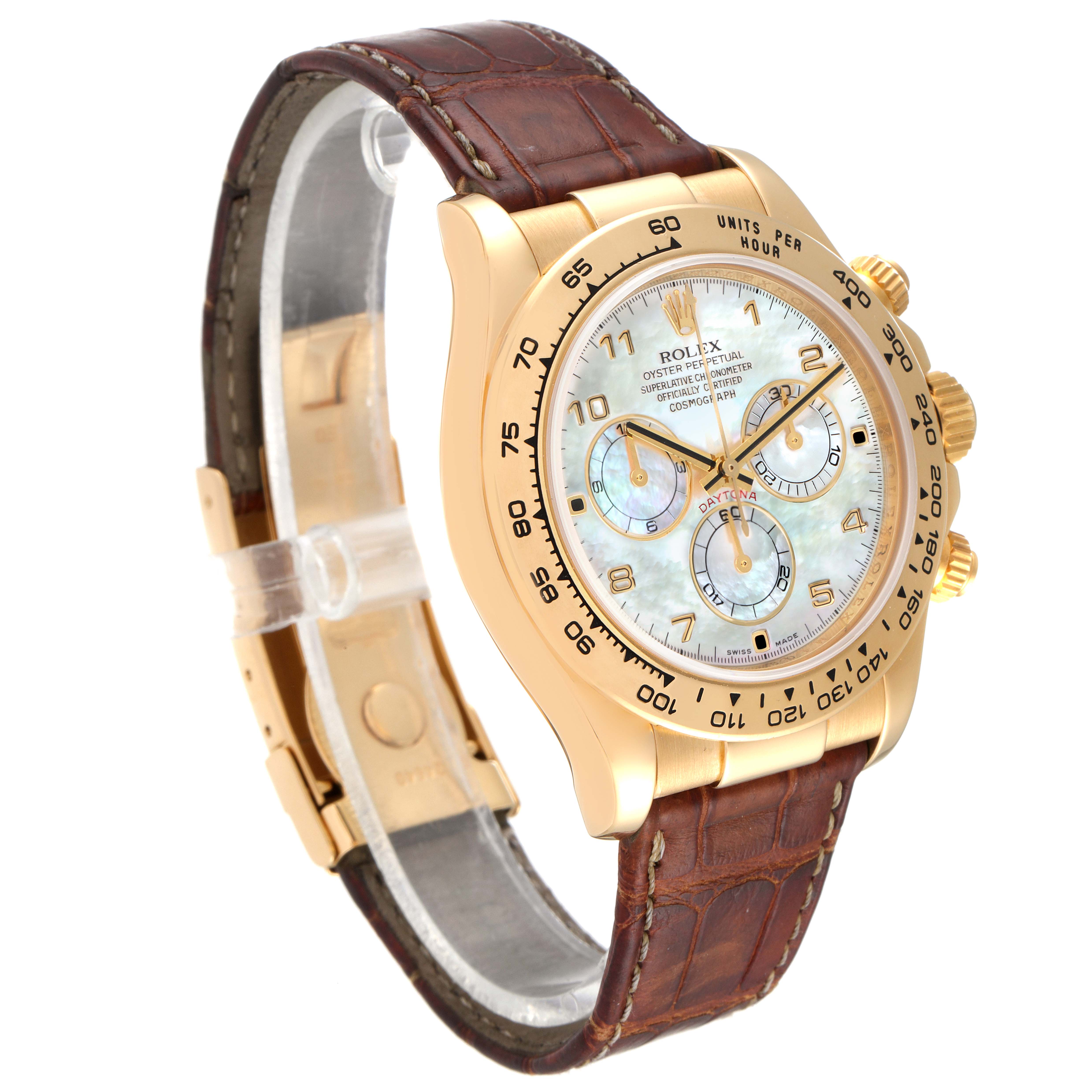 The image shows a side angle of the Rolex Daytona 116518 Men's Yellow Gold Mother of Pearl Dial 116518 Men's Yellow Gold Mother of Pearl Dial watch, highlighting its dial, bezel, crown, and brown leather strap.