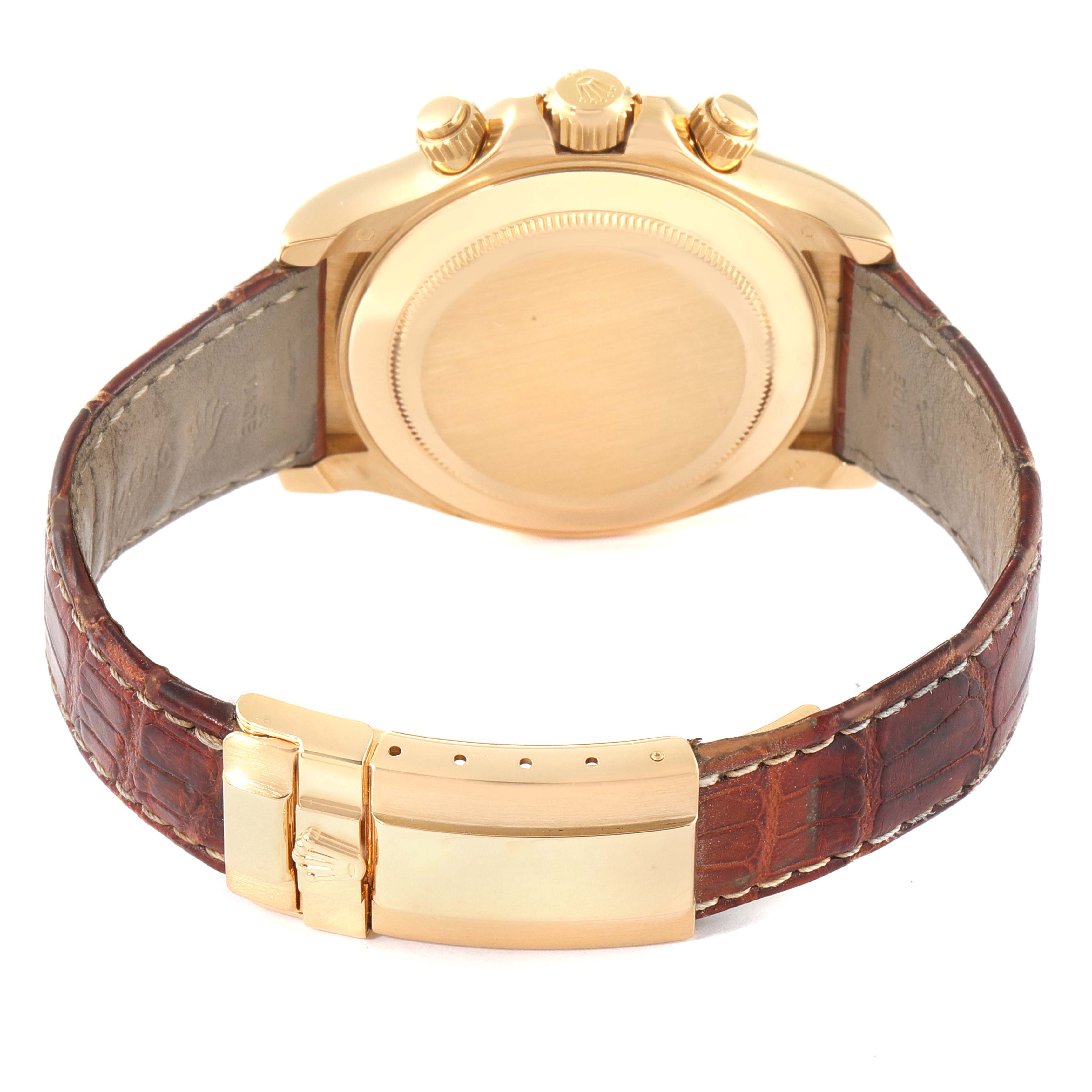 This image shows the back case and leather strap of a Rolex Daytona 116518 Men's Yellow Gold Mother of Pearl Dial 116518 Men's Yellow Gold Mother of Pearl Dial watch from a rear angle.