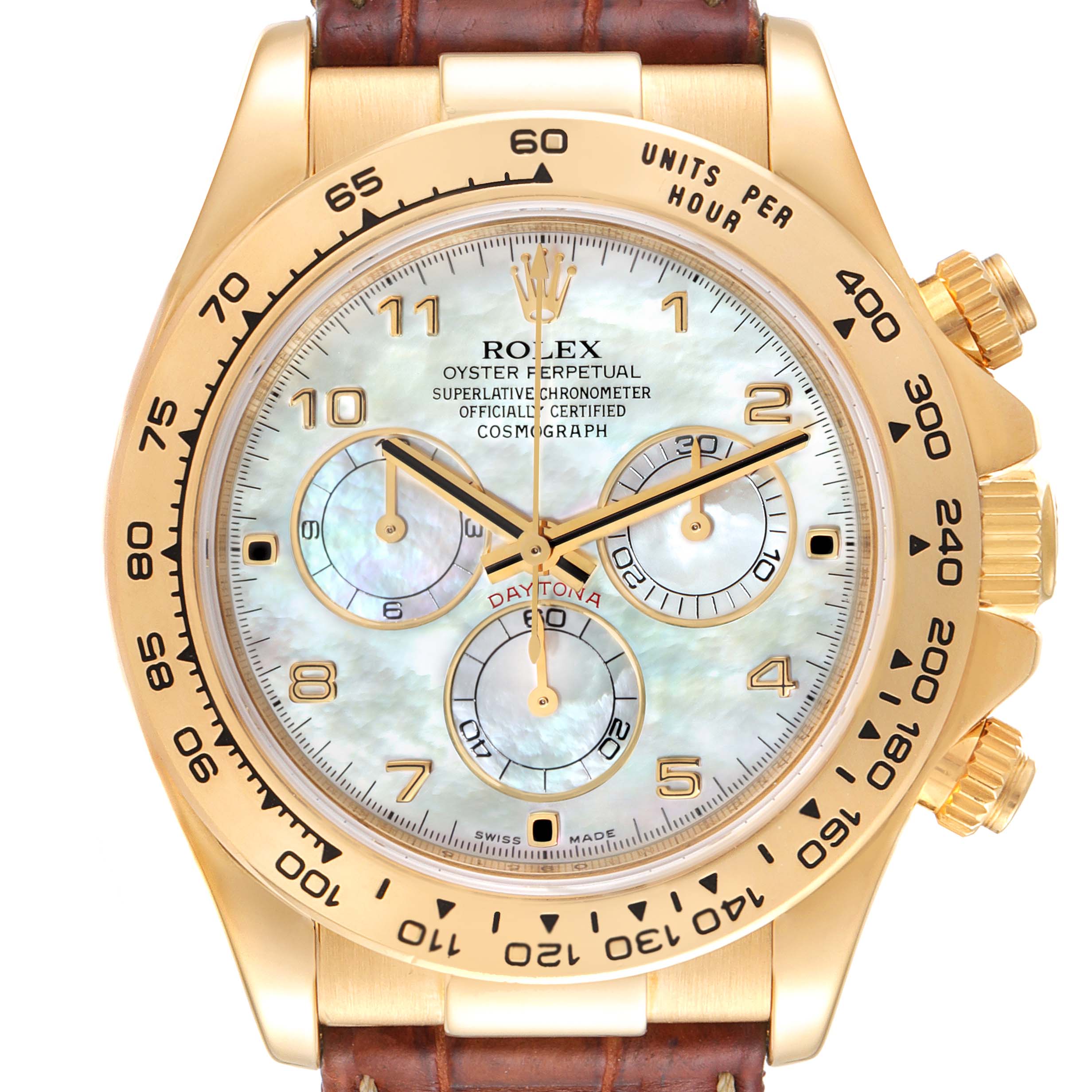 This image shows the front face and bezel of the Rolex Daytona 116518 Men's Yellow Gold Mother of Pearl Dial 116518 Men's Yellow Gold Mother of Pearl Dial watch, highlighting its dials and brown leather strap.