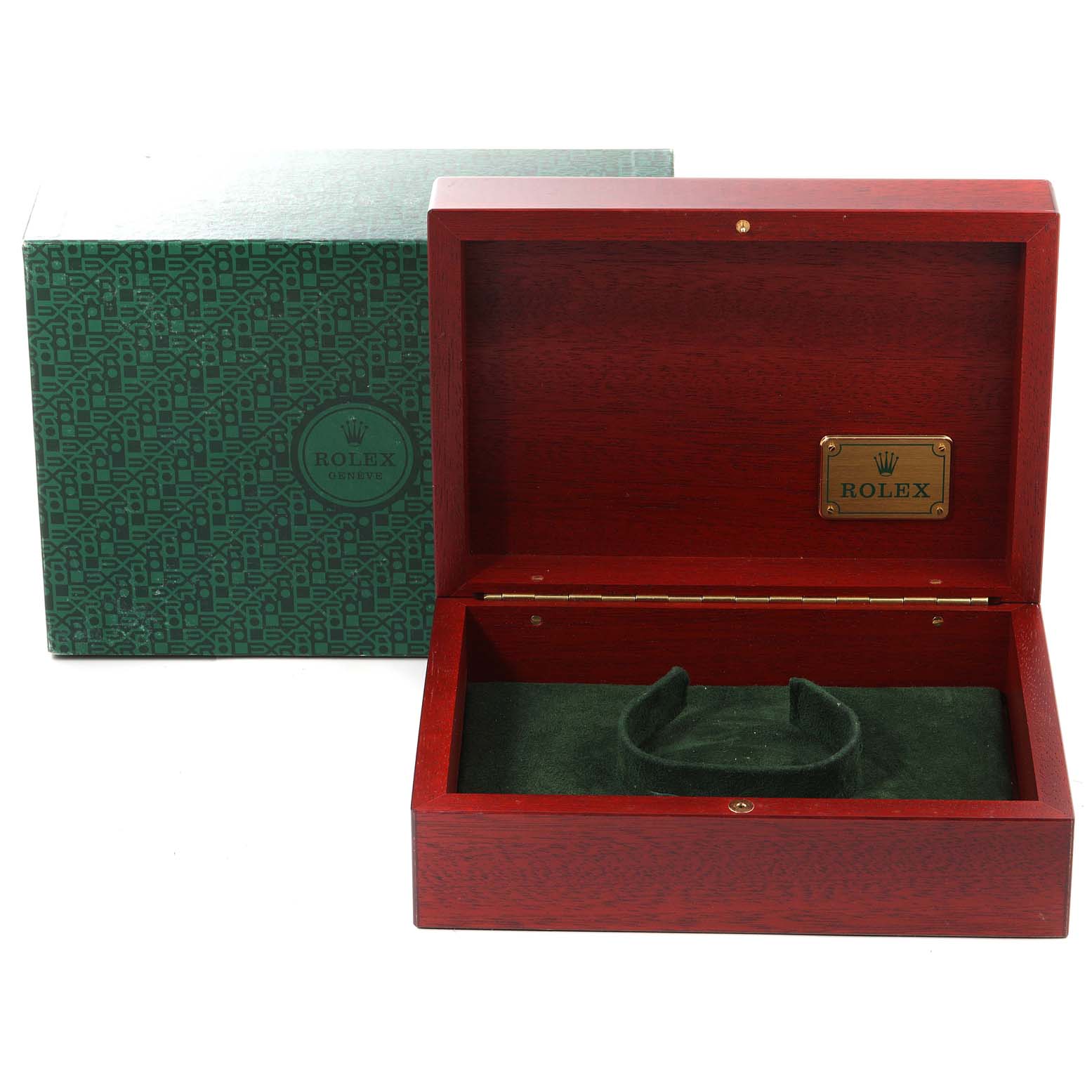 The image shows a Rolex Daytona 116518 Men's Yellow Gold Mother of Pearl Dial 116518 Men's Yellow Gold Mother of Pearl Dial model watch box and its green outer packaging.