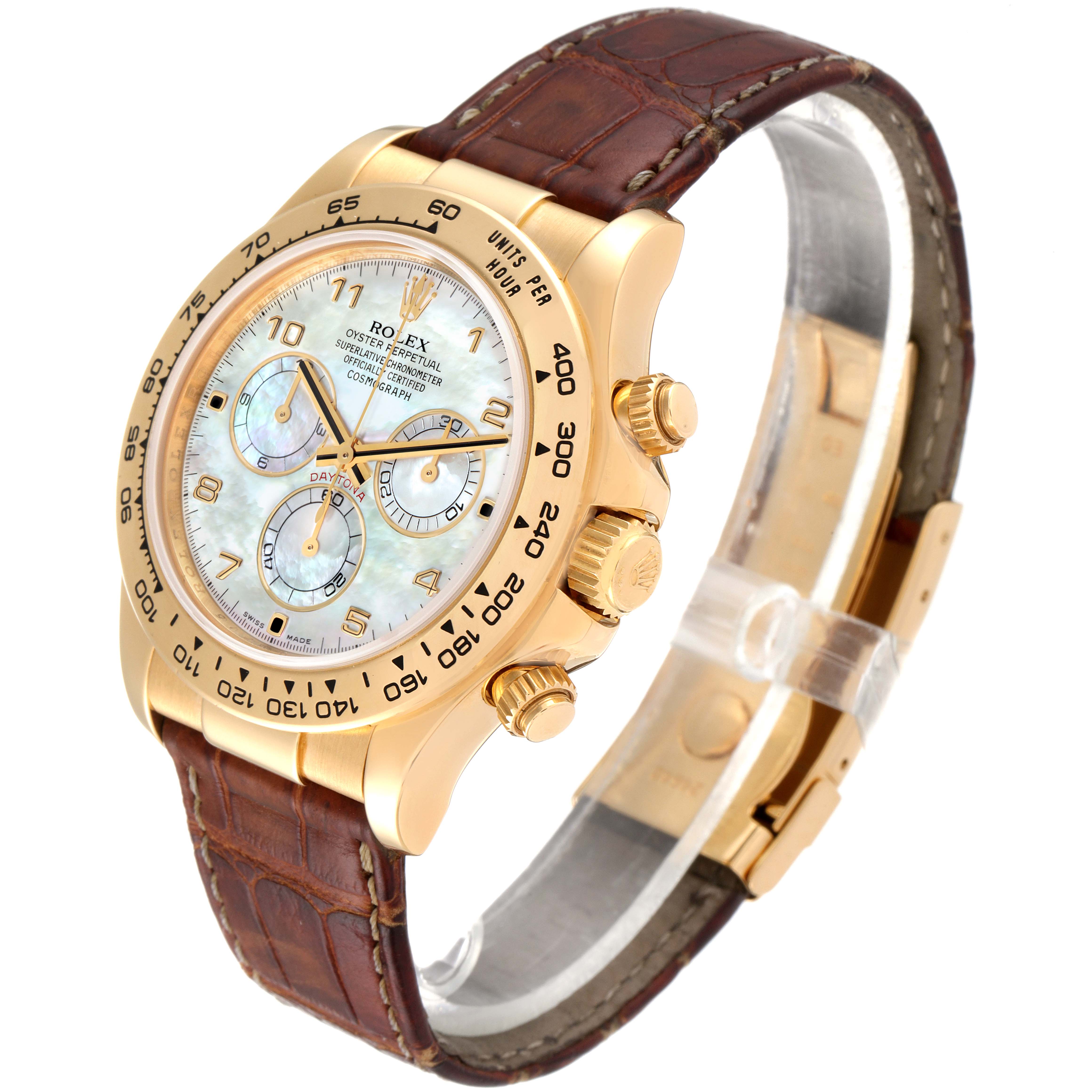 This image shows a Rolex Daytona 116518 Men's Yellow Gold Mother of Pearl Dial 116518 Men's Yellow Gold Mother of Pearl Dial watch at an angle showcasing its face, bezel, crown, and leather strap.