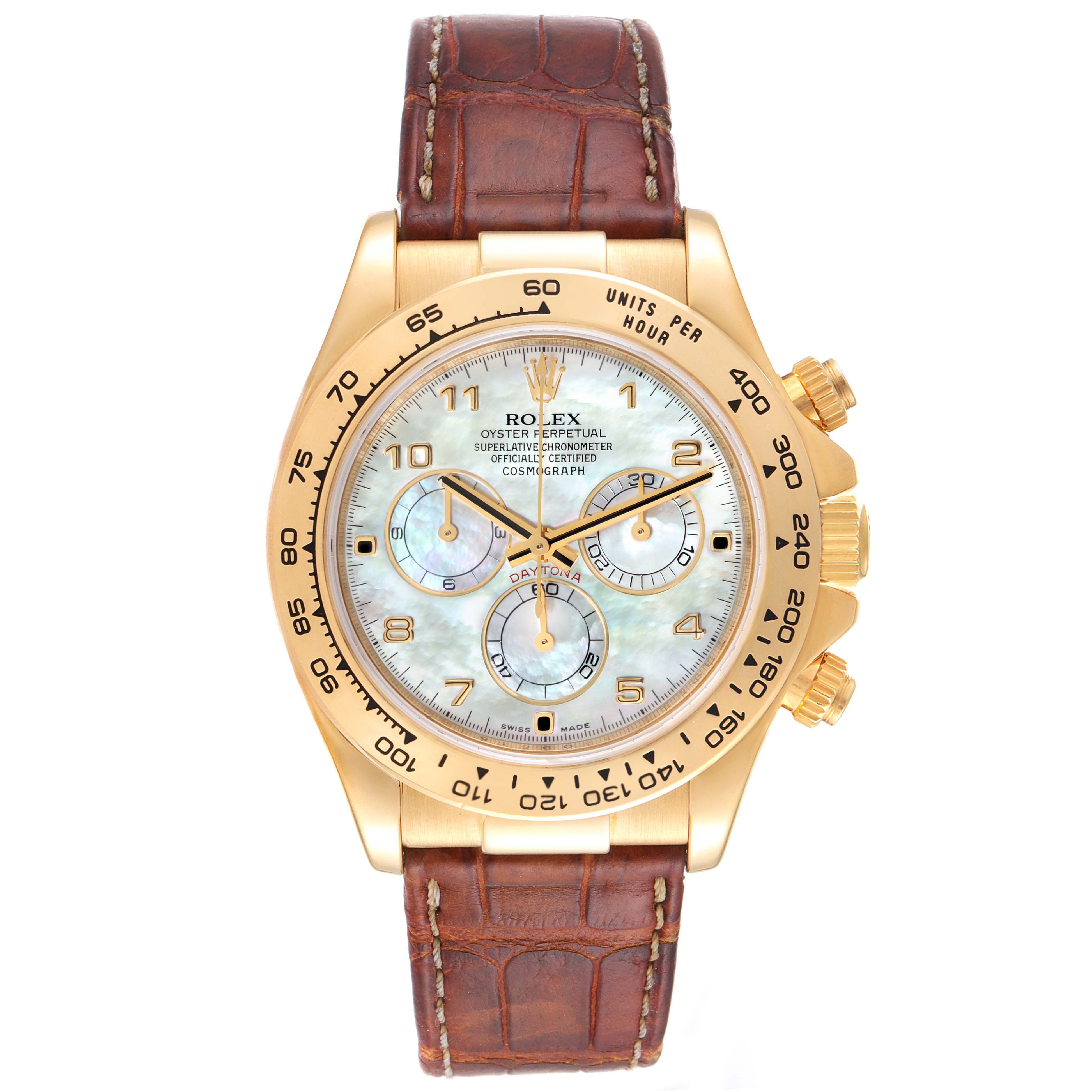 The image shows the front view of a Rolex Daytona 116518 Men's Yellow Gold Mother of Pearl Dial 116518 Men's Yellow Gold Mother of Pearl Dial watch with a gold case and a brown leather strap.