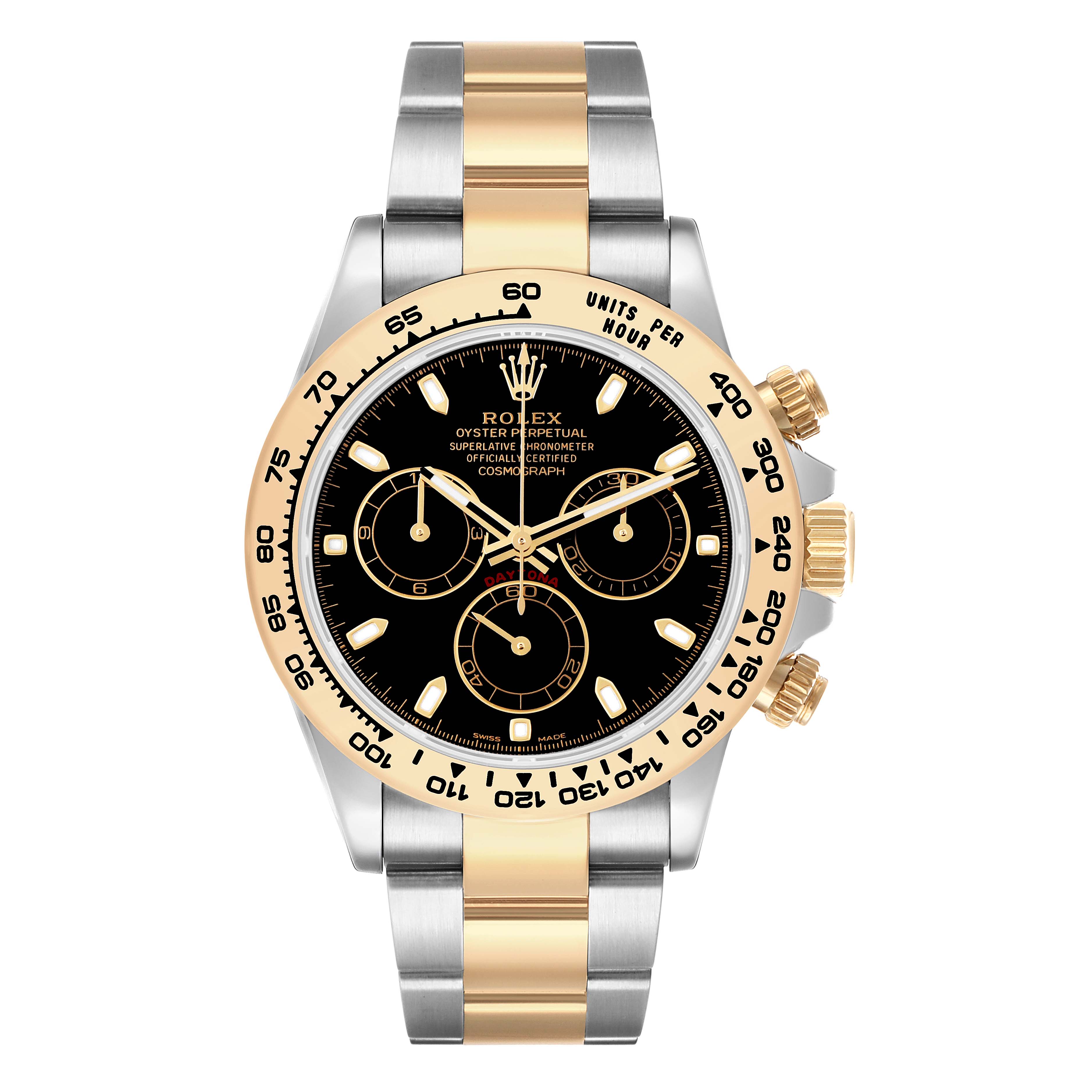 The Rolex Daytona 116503 Men's Steel and Gold (two tone) Black Dial watch is shown from the front, highlighting its bezel, dial, pushers, and two-tone bracelet.