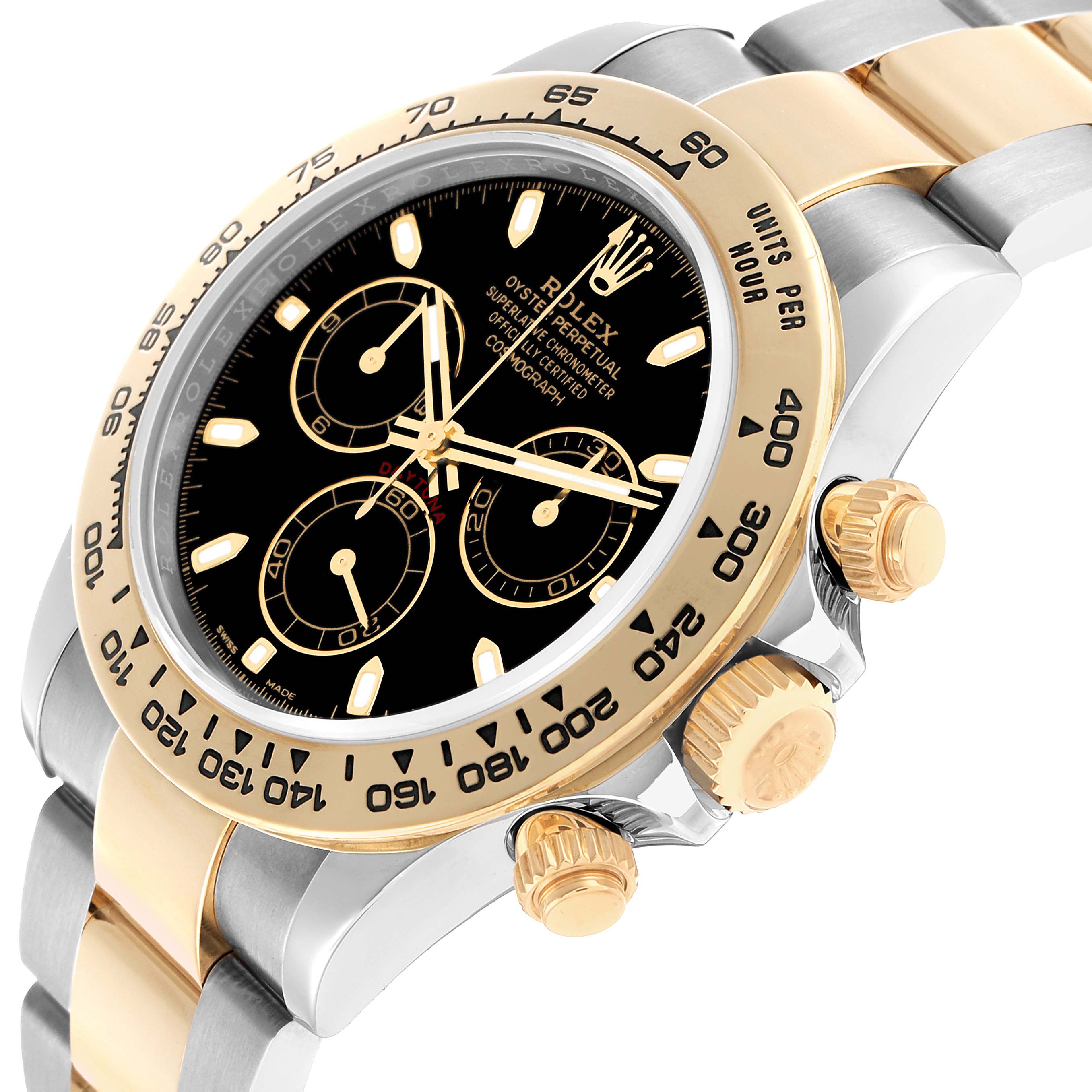 The Rolex Daytona 116503 Men's Steel and Gold (two tone) Black Dial watch is shown at an angled view, highlighting the bezel, subdials, crown, and part of the metal strap.