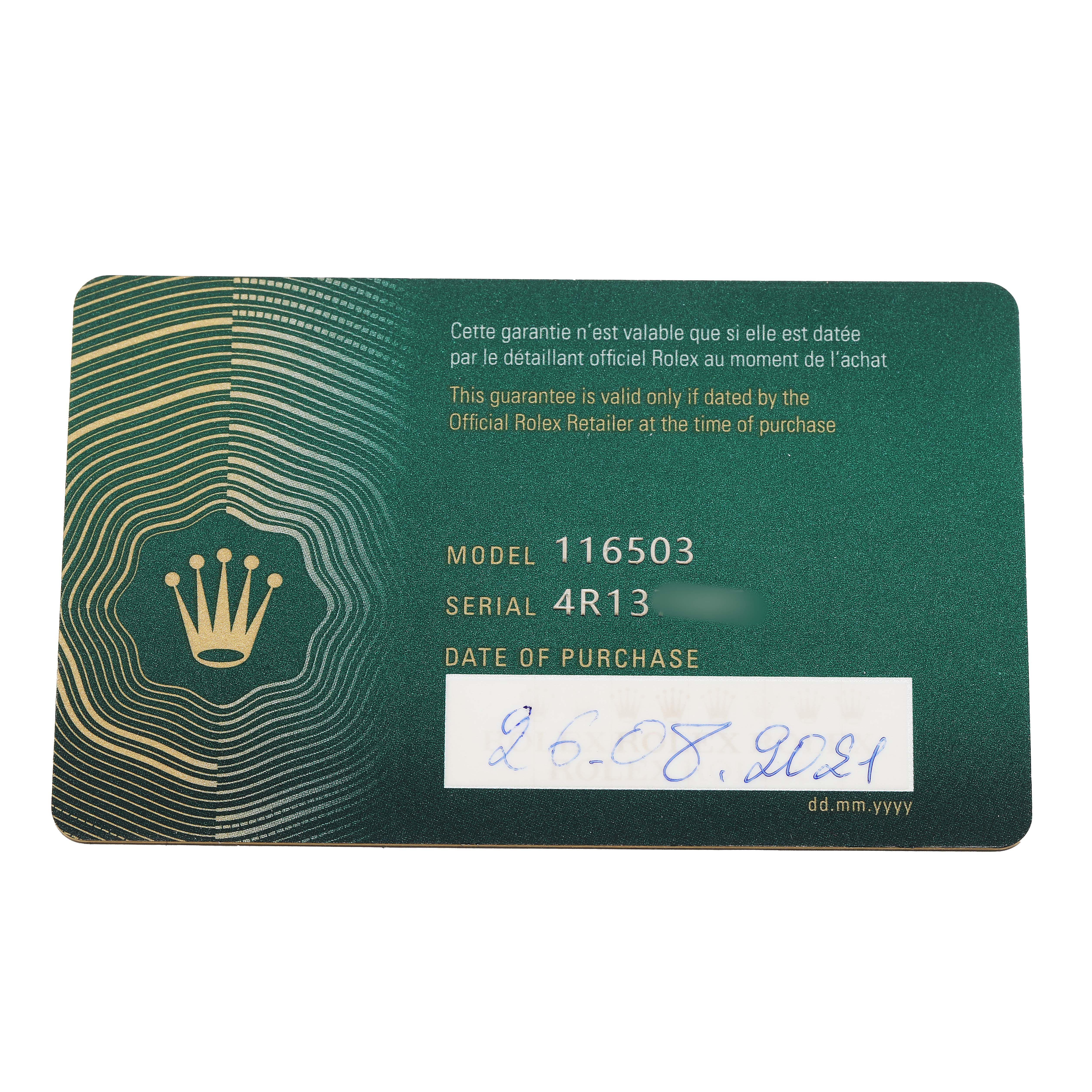 The image shows a warranty card for the Rolex Daytona 116503 Men's Steel and Gold (two tone) Black Dial model 116503.