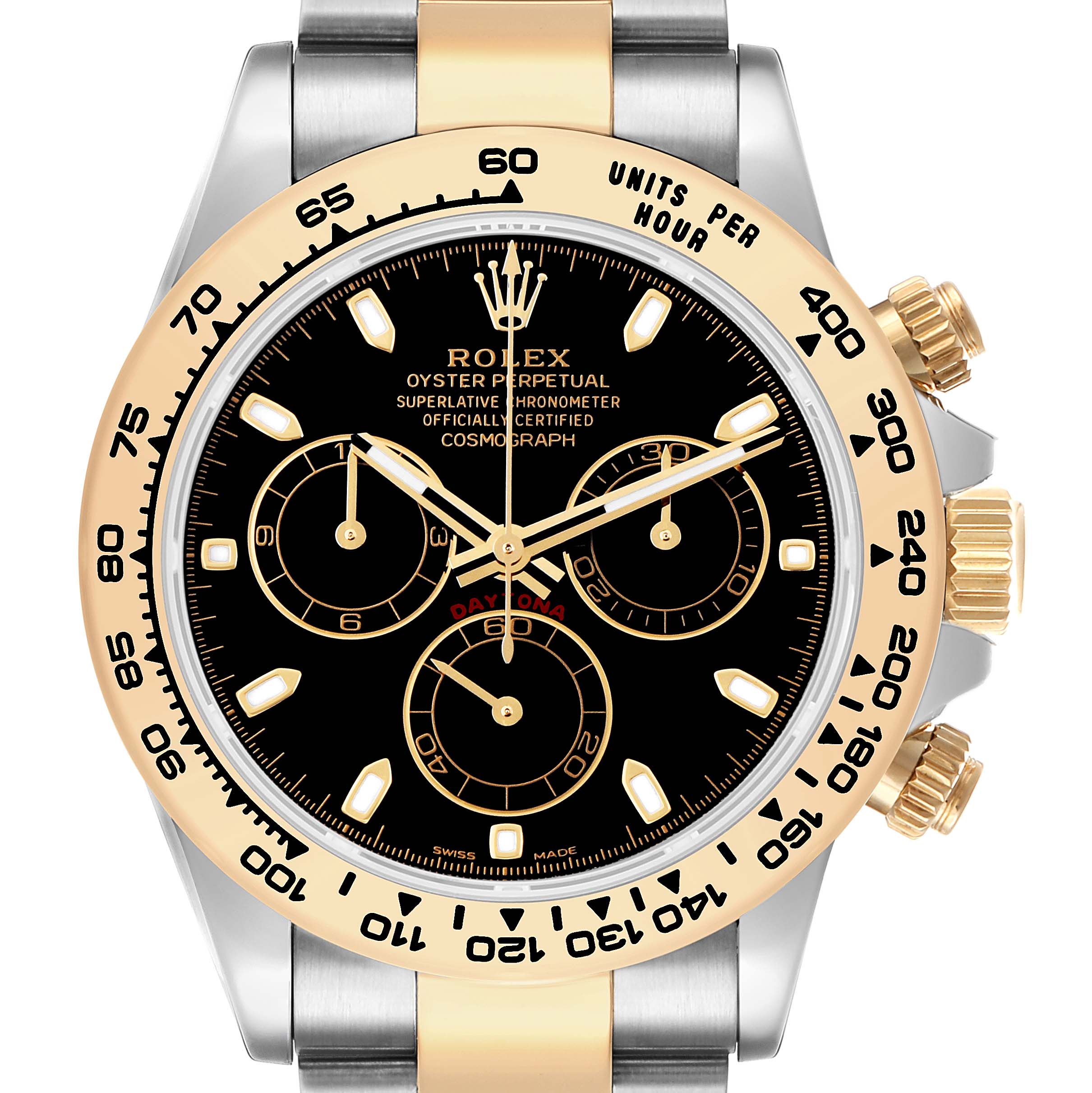 The image shows a front view of the Rolex Daytona 116503 Men's Steel and Gold (two tone) Black Dial, highlighting the bezel, dial, subdials, and crown.