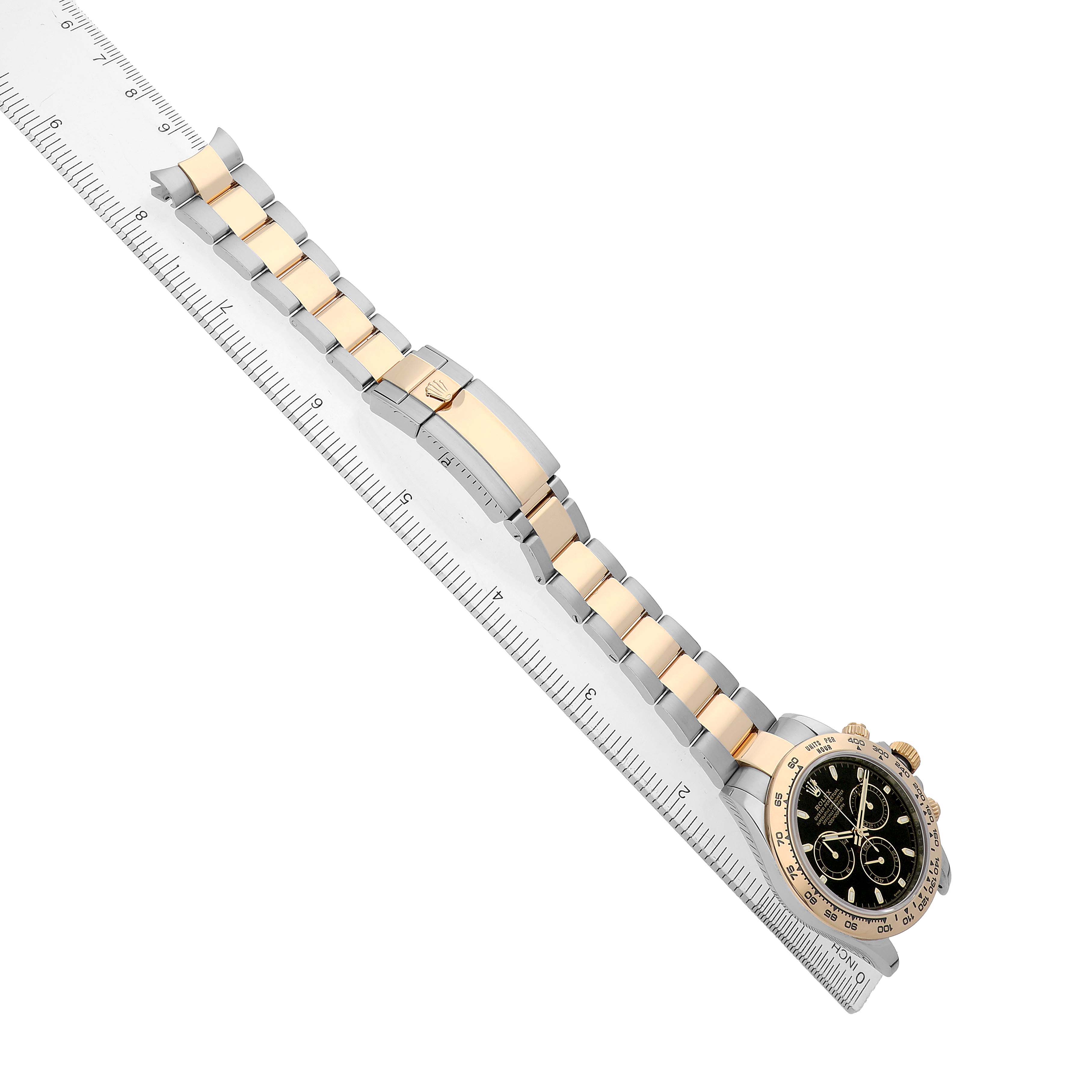 The Rolex Daytona 116503 Men's Steel and Gold (two tone) Black Dial watch is shown at an elevated angle, highlighting the full bracelet, bezel, and part of the dial.