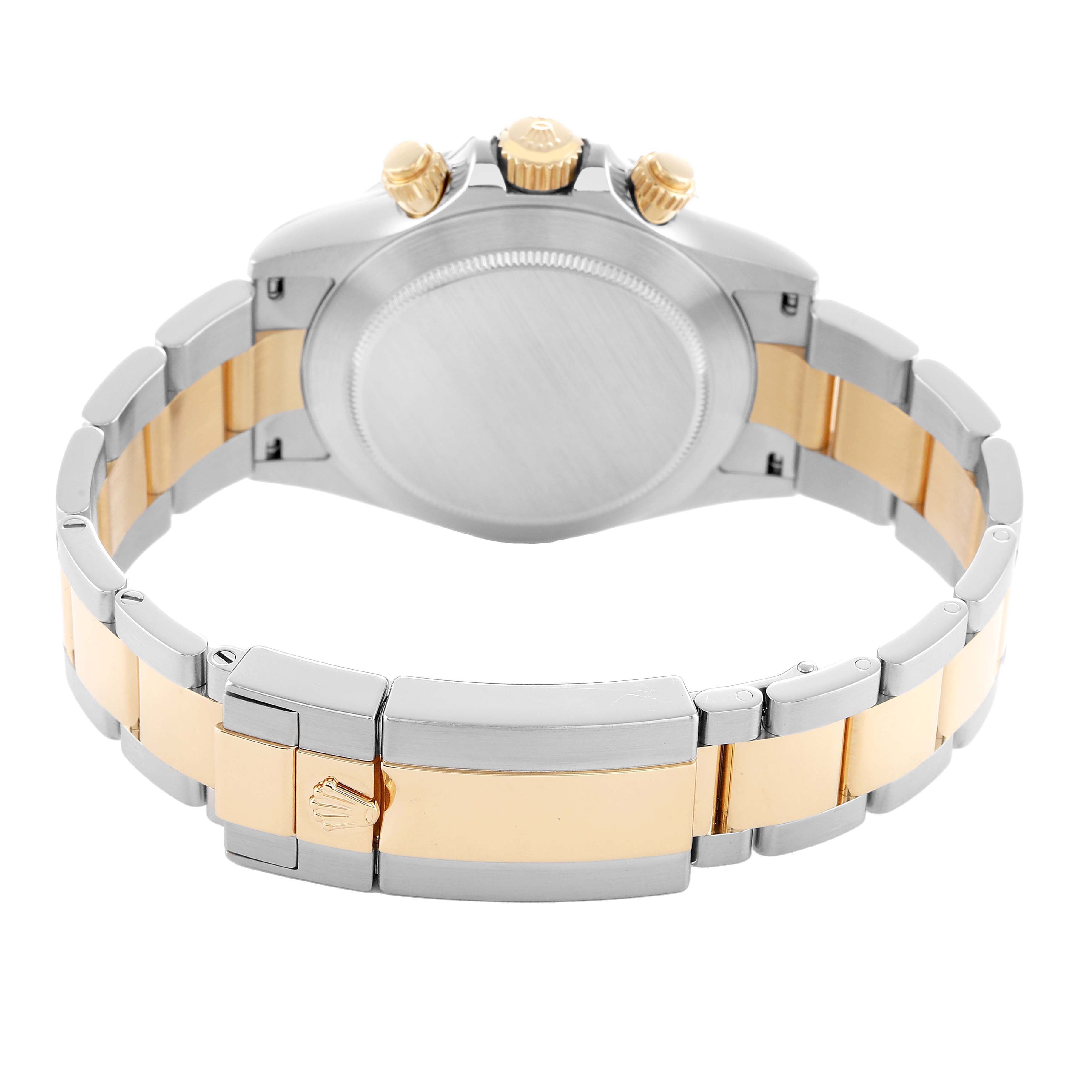 The image shows the back and side view of a Rolex Daytona 116503 Men's Steel and Gold (two tone) Black Dial watch, highlighting the two-tone bracelet and clasp.