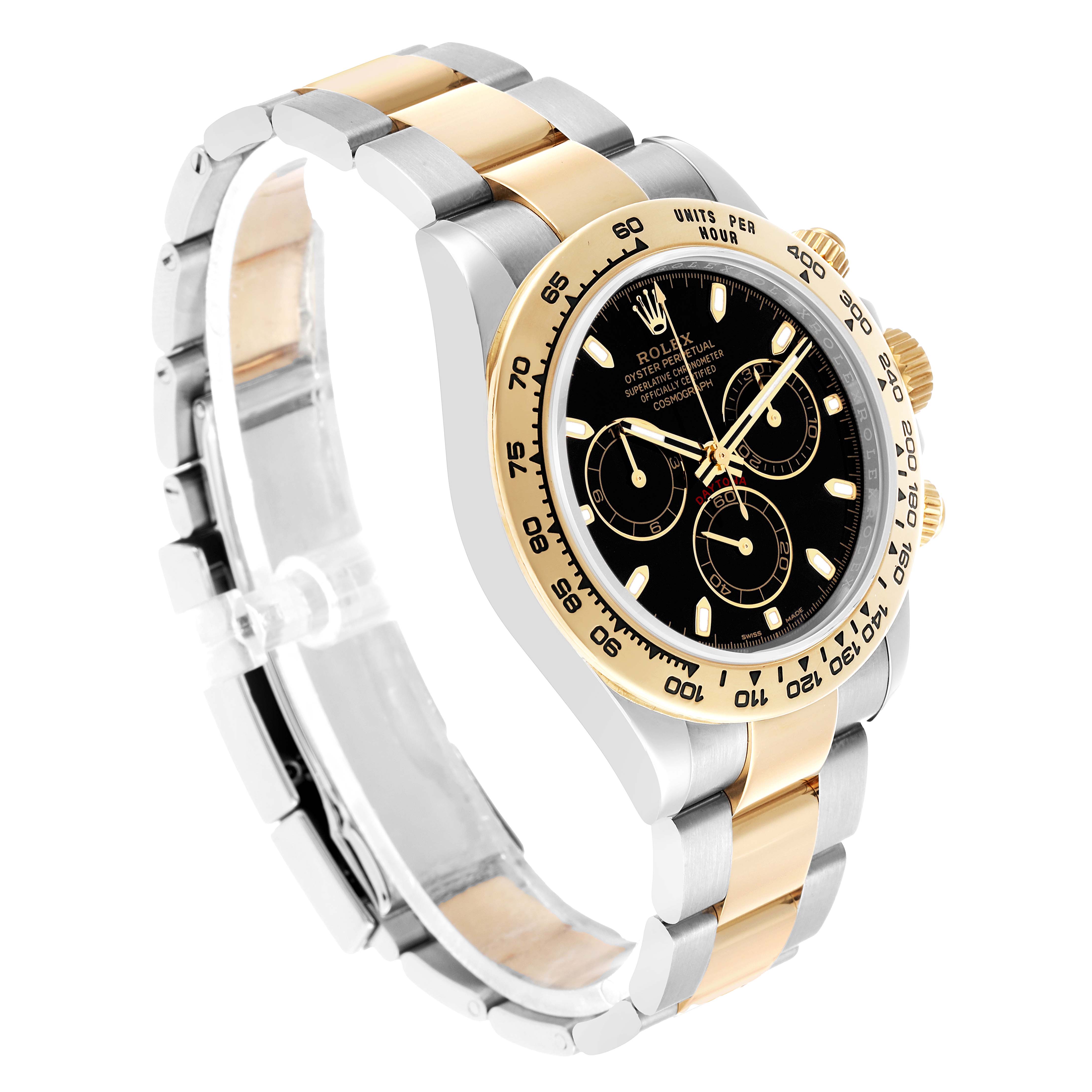 The Rolex Daytona 116503 Men's Steel and Gold (two tone) Black Dial watch is shown at a three-quarter angle, highlighting the black dial, gold bezel, pushers, and two-tone bracelet.