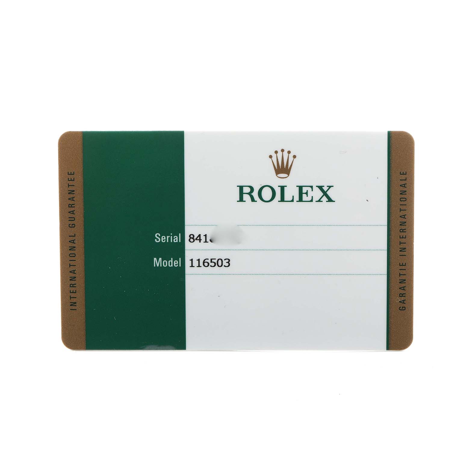 The image shows the warranty card for a Rolex Daytona 116503 Men's Steel and Gold (two tone) Black Dial, model 116503.