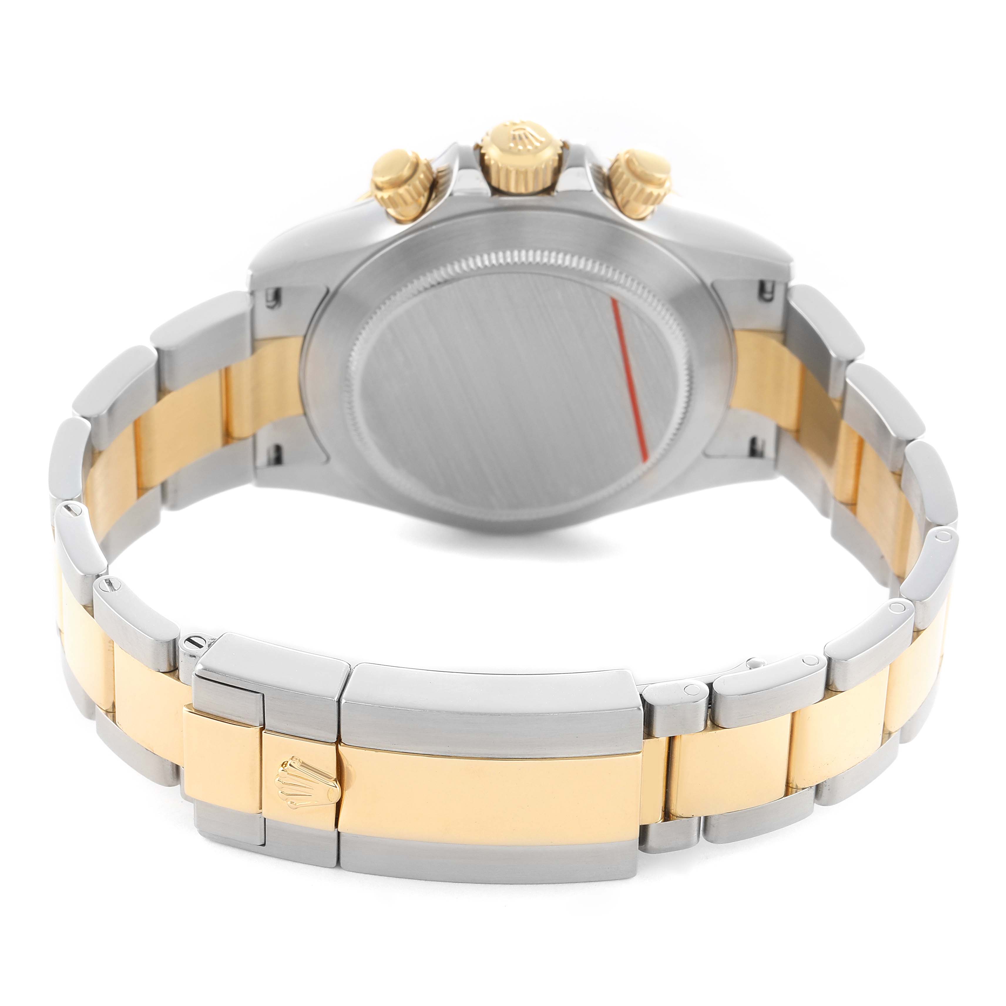 The image shows the back of a Rolex Daytona 116503 Men's Steel and Gold (two tone) Black Dial watch, featuring the clasp and bracelet links in a mix of gold and silver-tone metals.