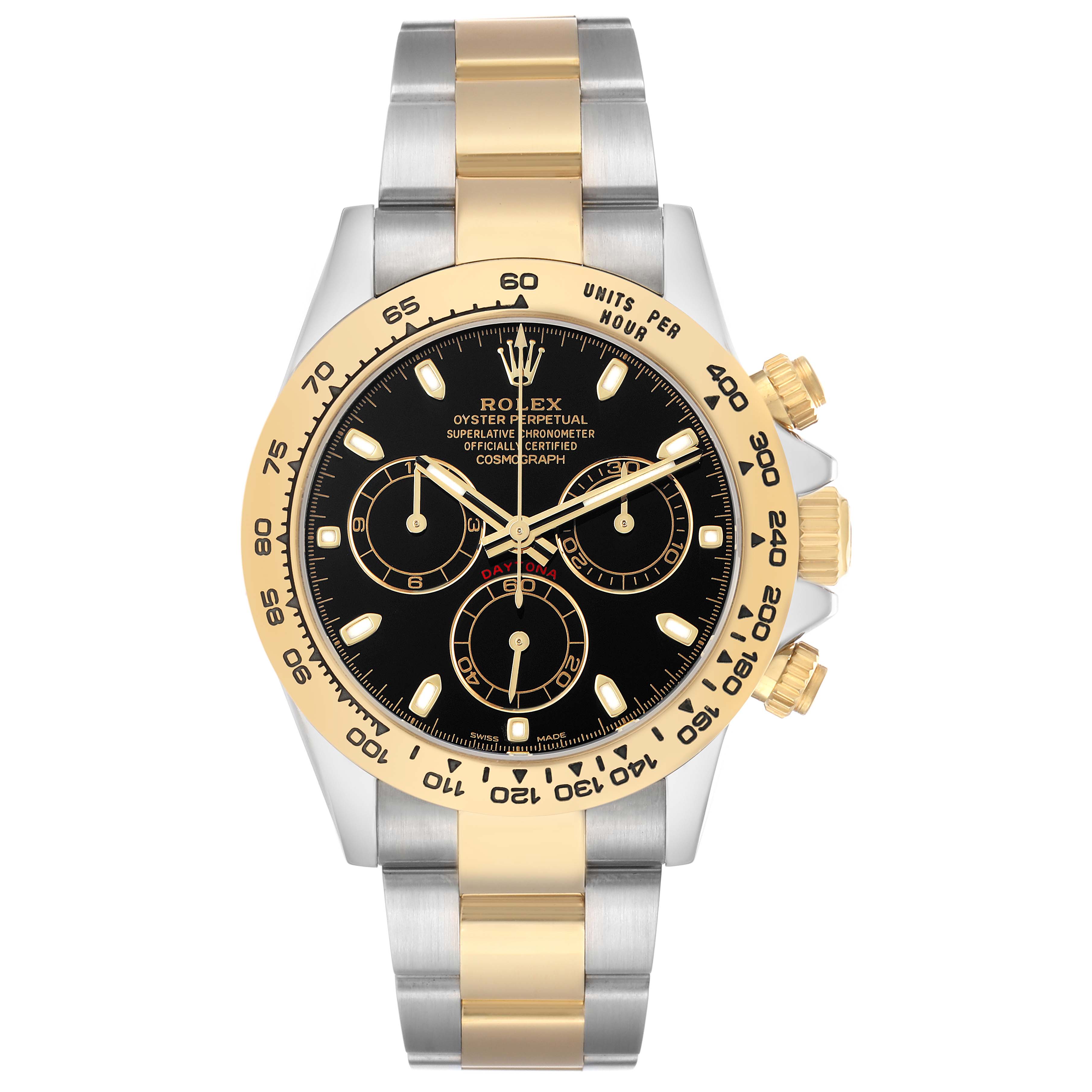 The Rolex Daytona 116503 Men's Steel and Gold (two tone) Black Dial watch is shown from a front angle, highlighting the bezel, dial, subdials, and two-tone bracelet.