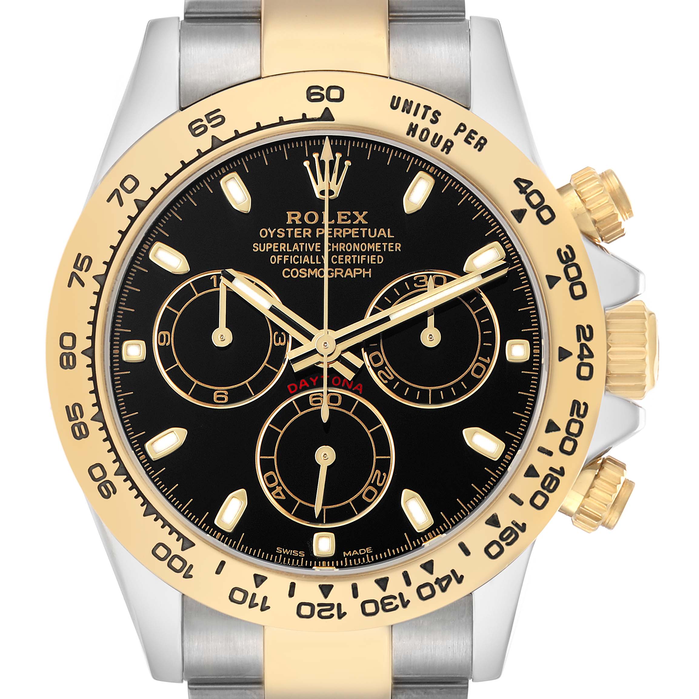 The image shows a frontal view of the Rolex Daytona 116503 Men's Steel and Gold (two tone) Black Dial, highlighting the black dial, gold bezel, and chronograph sub-dials.