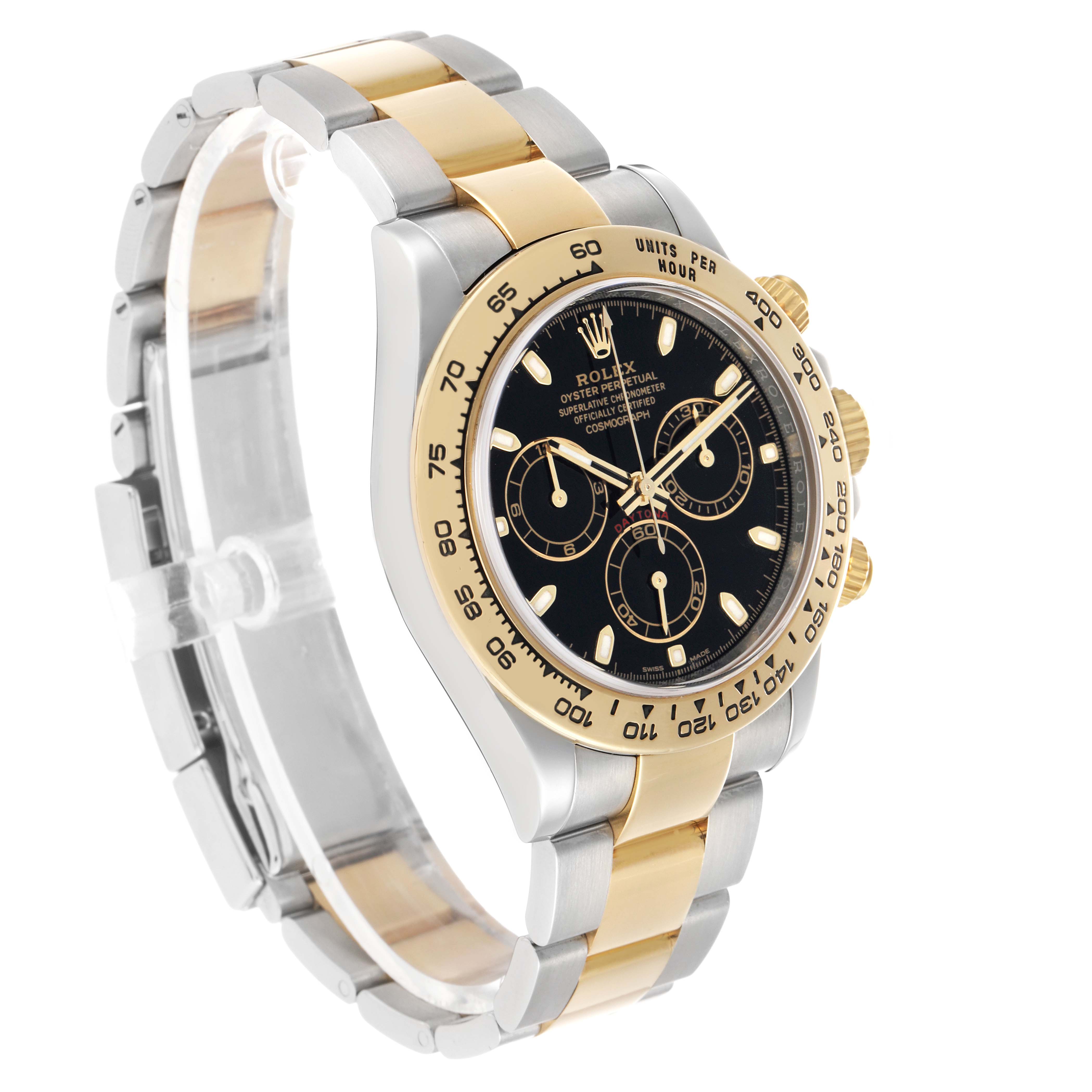 The Rolex Daytona 116503 Men's Steel and Gold (two tone) Black Dial watch is shown from a side angle, highlighting the bezel, dial, bracelet, and crown.