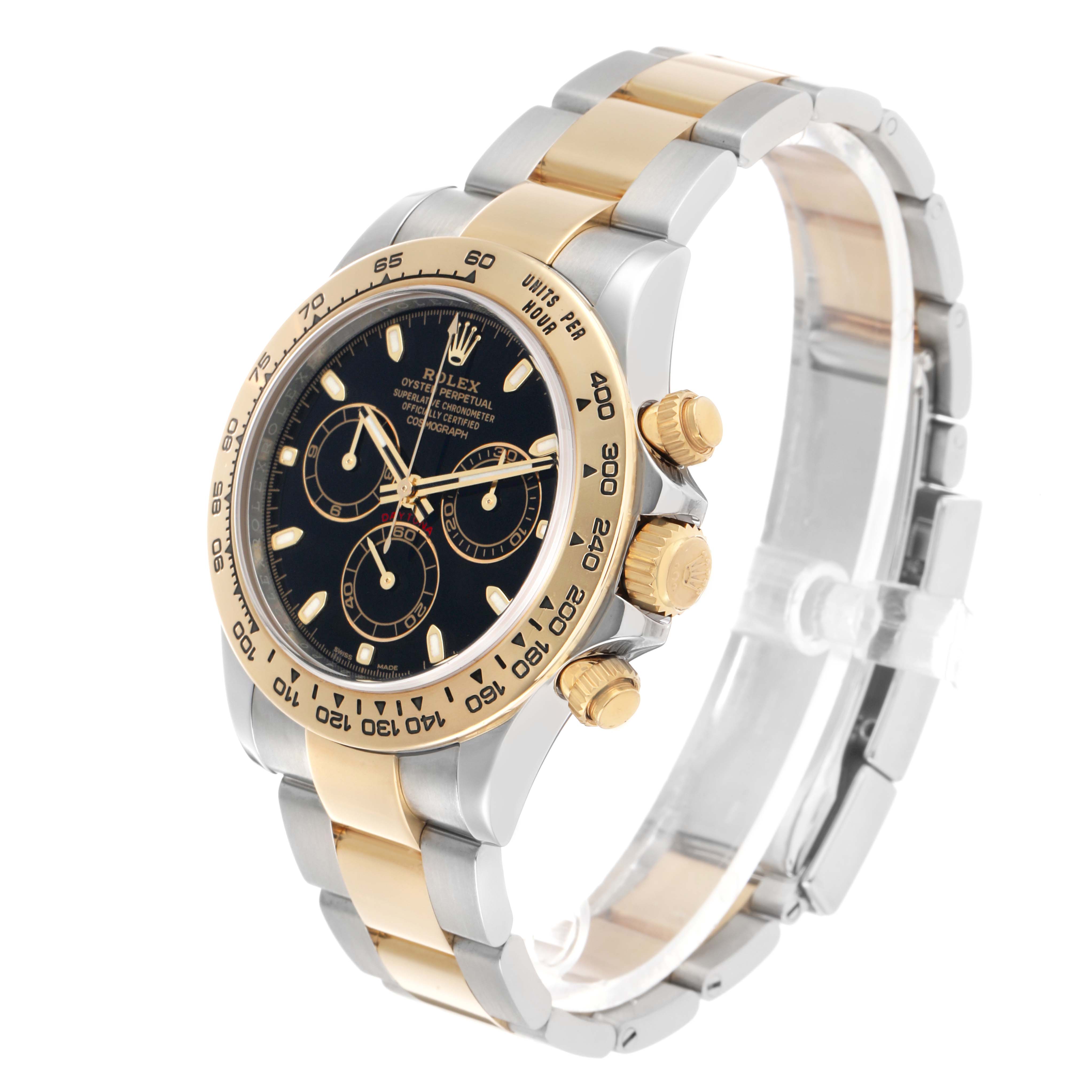 The Rolex Daytona 116503 Men's Steel and Gold (two tone) Black Dial watch is shown at a slight angle, highlighting the bezel, dial, crown, pushers, and bracelet.