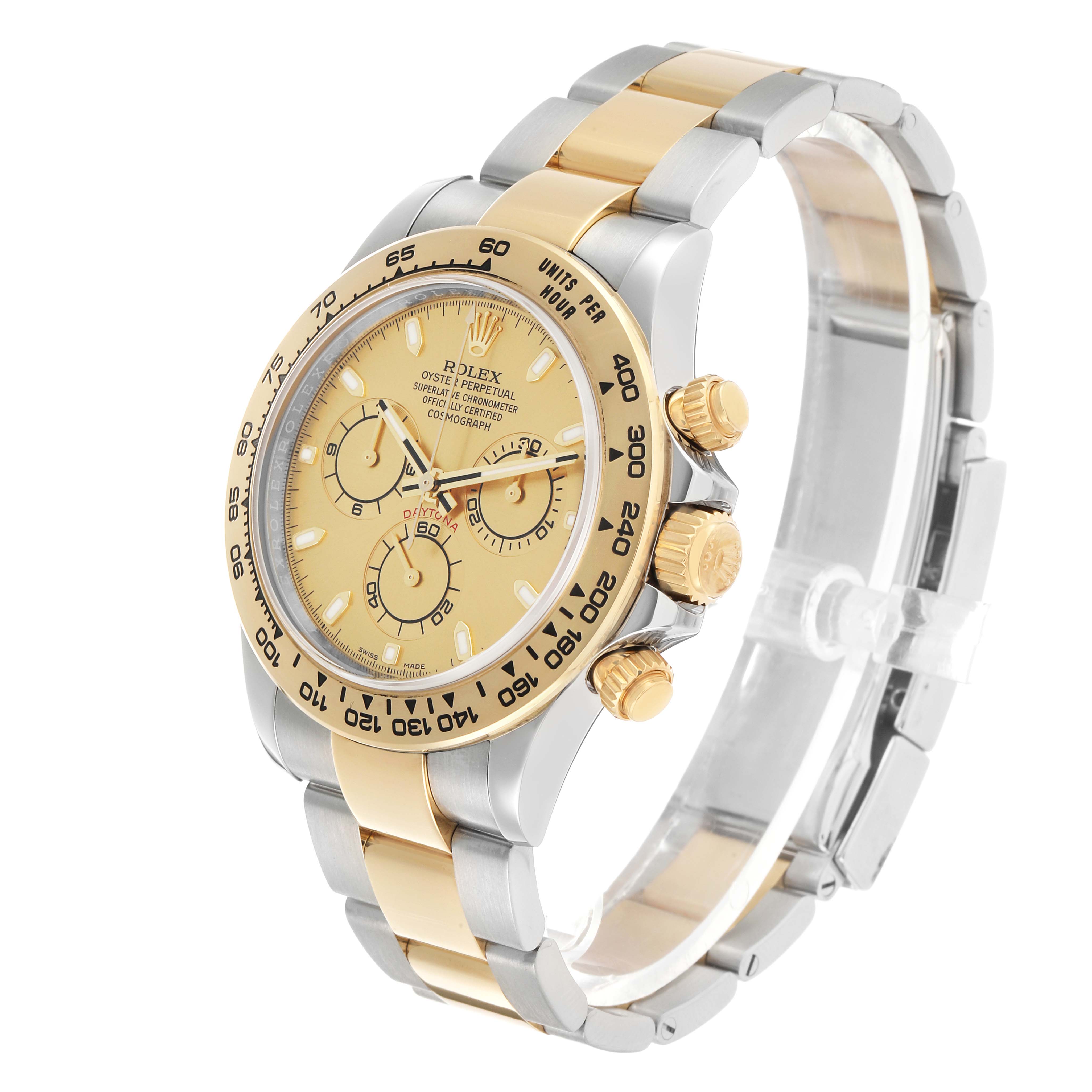 The Rolex Daytona 116503 Men's Steel and Gold (two tone) Champagne Dial watch is shown at a three-quarter angle, highlighting its dial, bezel, and dual-tone bracelet.