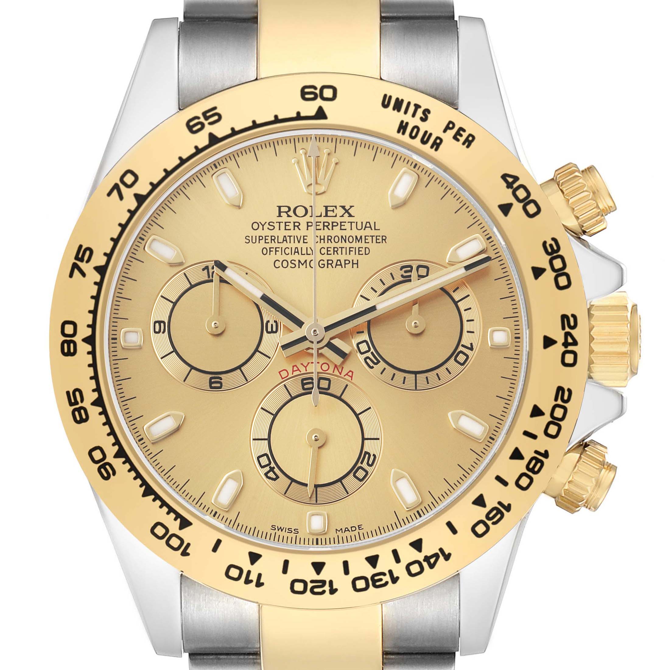 The Rolex Daytona 116503 Men's Steel and Gold (two tone) Champagne Dial watch is shown from the front, highlighting the gold bezel, dial, subdials, and two-tone bracelet.