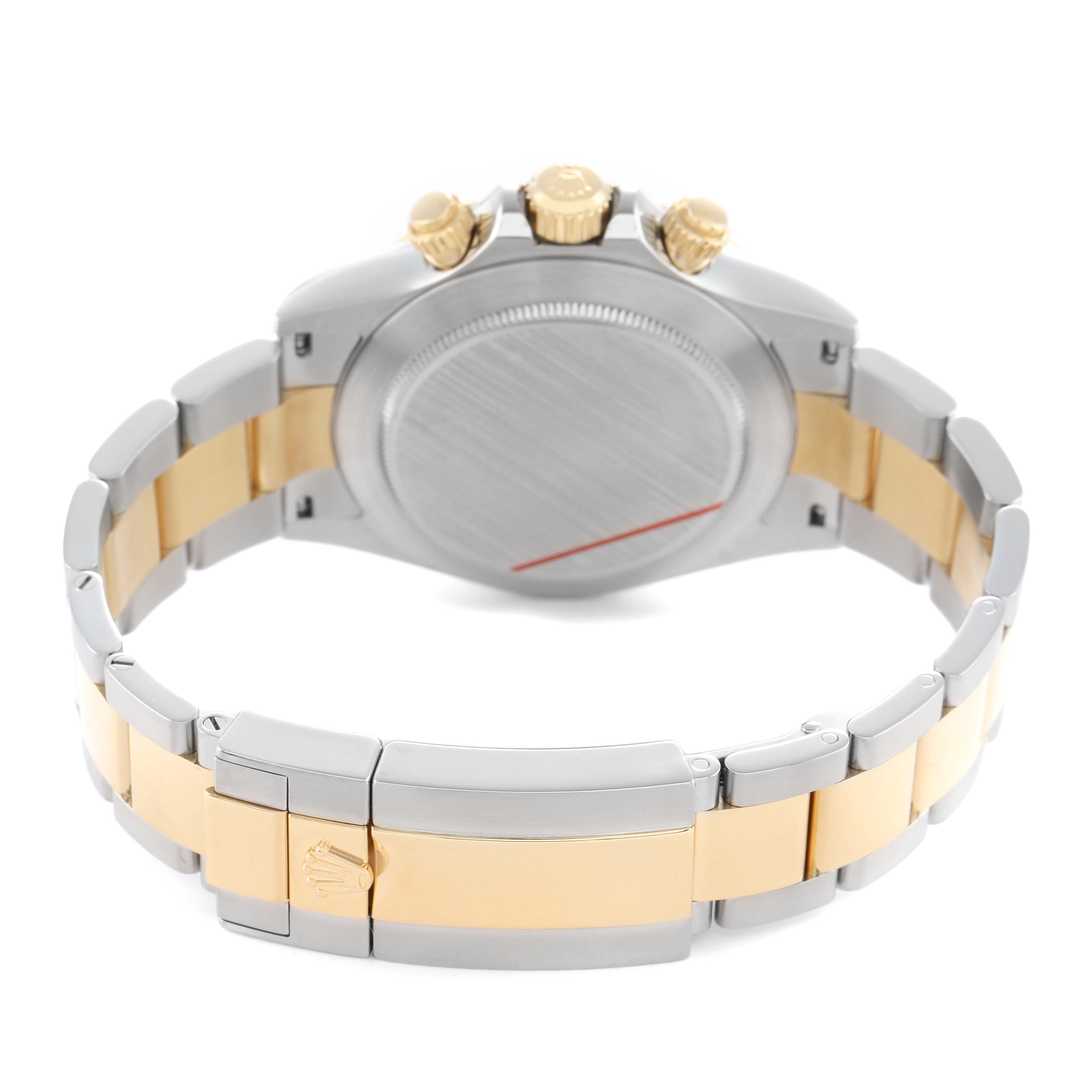 The image shows the back view of a Rolex Daytona 116503 Men's Steel and Gold (two tone) Champagne Dial watch, highlighting the clasp, bracelet, and case back.