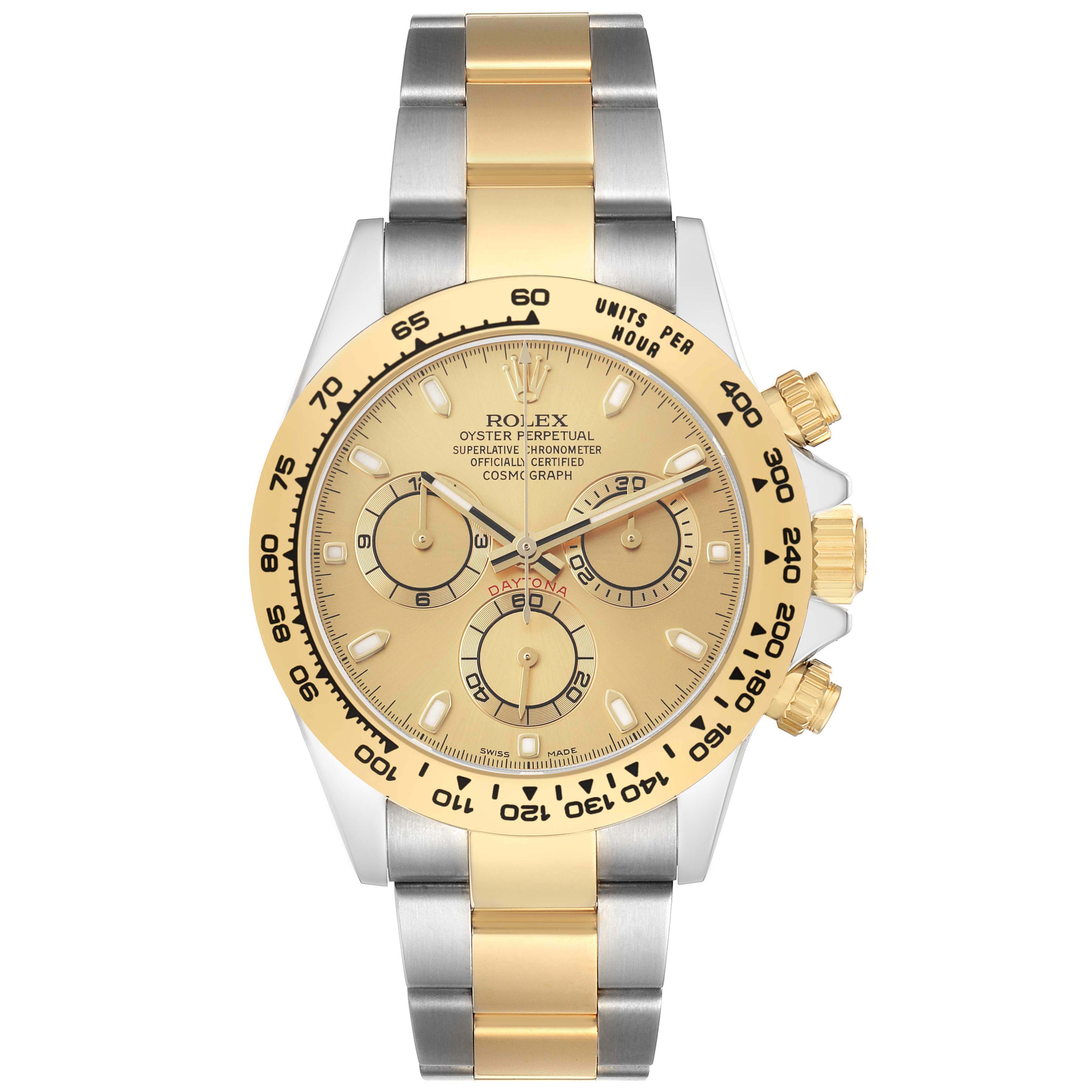 The Rolex Daytona 116503 Men's Steel and Gold (two tone) Champagne Dial watch is shown from the front, displaying the dial, bezel, and bracelet prominently.