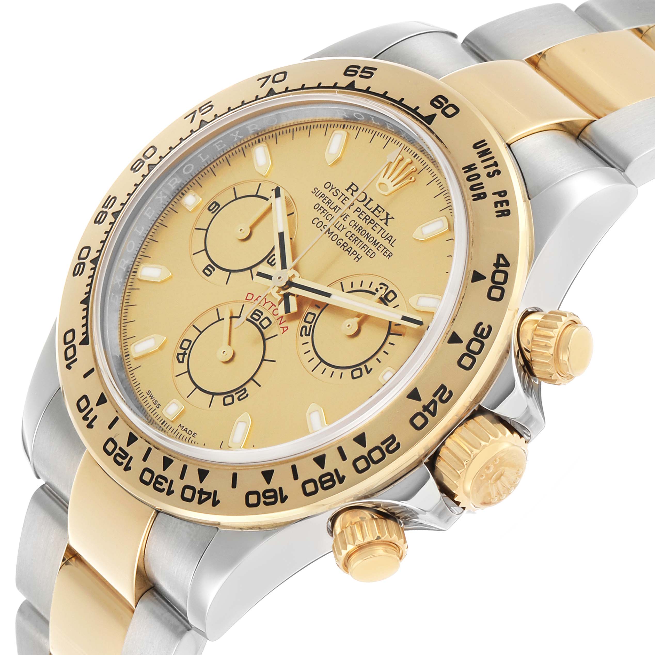 The Rolex Daytona 116503 Men's Steel and Gold (two tone) Champagne Dial watch is shown at an angled view, highlighting the dial, bezel, crown, and two-tone bracelet.