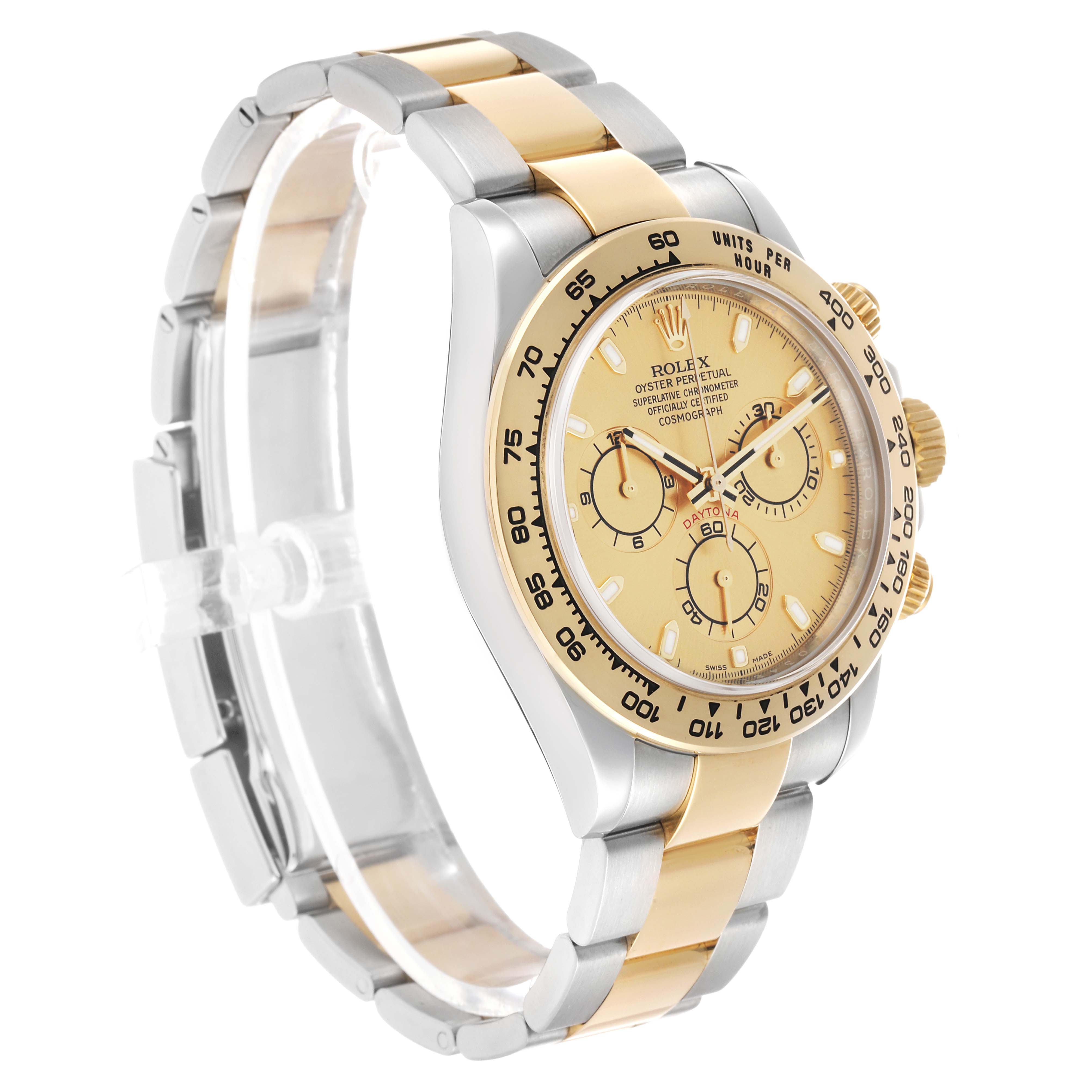 The Rolex Daytona 116503 Men's Steel and Gold (two tone) Champagne Dial watch is shown at a three-quarter angle, highlighting the gold and silver bracelet, bezel, and dials.
