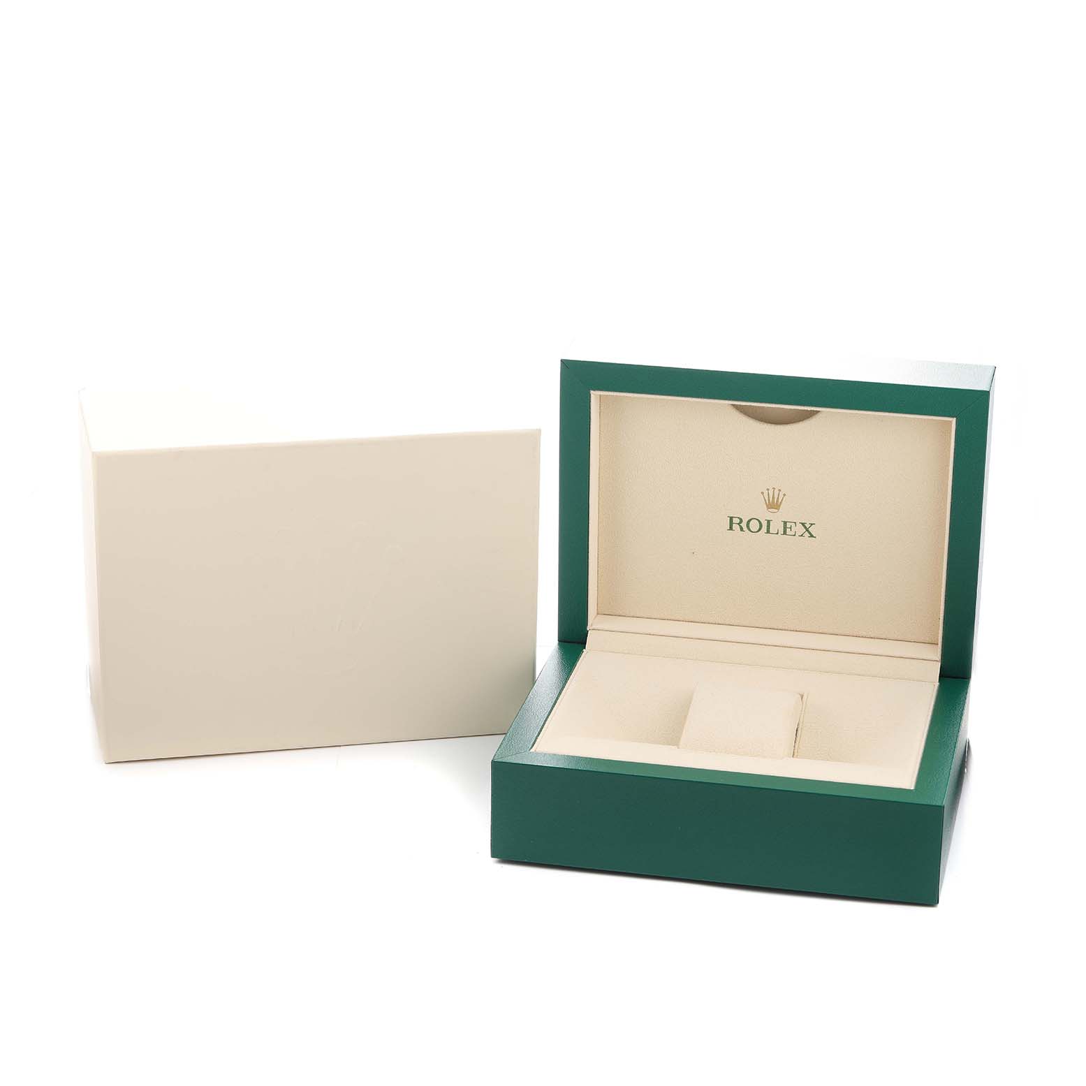 The image shows an open Rolex Daytona 116503 Men's Steel and Gold (two tone) Champagne Dial watch box at an angle, displaying its inner compartment and lid with the "Rolex" logo.