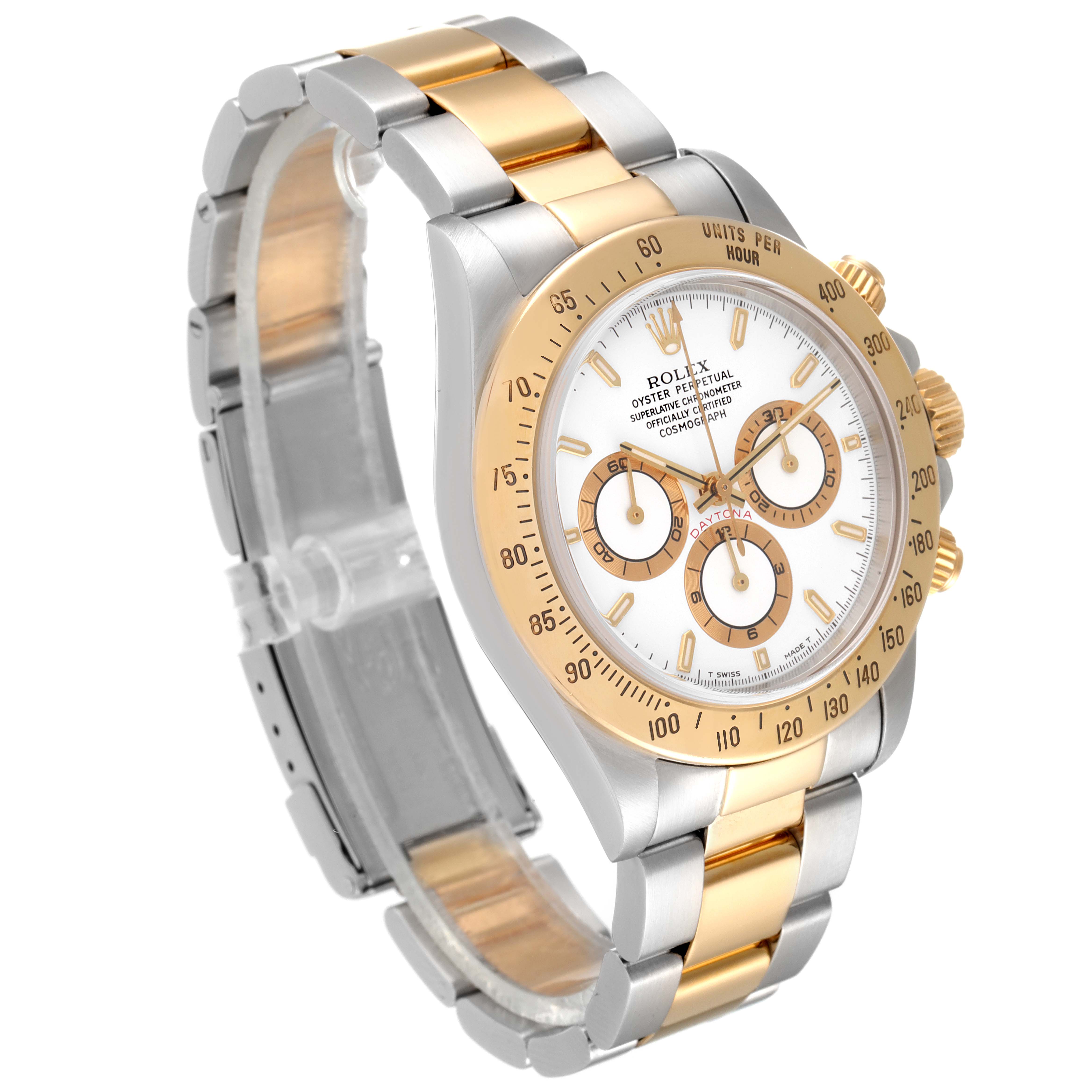 This image shows a Rolex Daytona 16523 Men
s Steel and Gold (two tone) White Dial 16523 Men
s Steel and Gold (two tone) White Dial watch angled slightly from the side, displaying its gold and silver bracelet, bezel, and chronograph subdials.