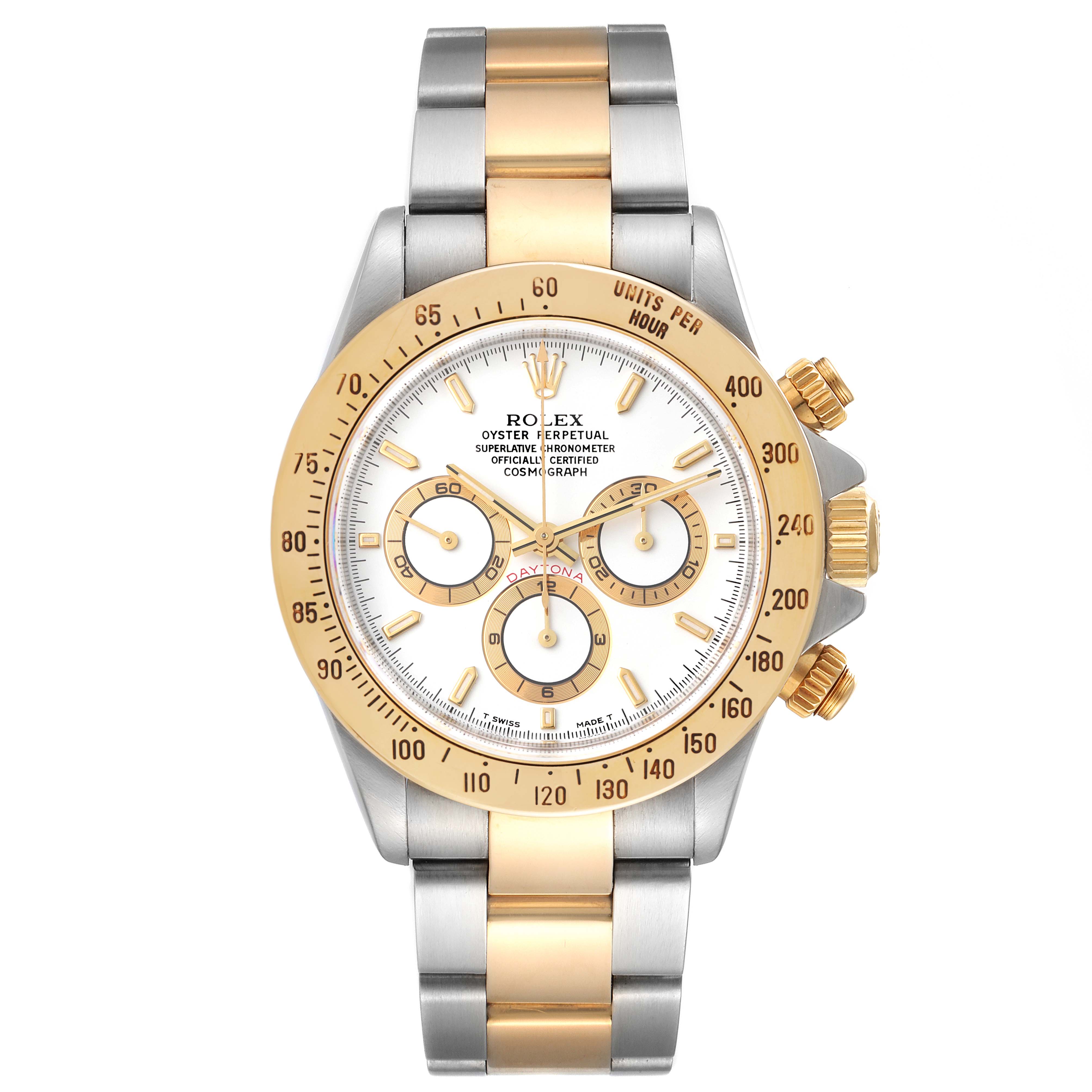 This Rolex Daytona 16523 Men
s Steel and Gold (two tone) White Dial 16523 Men
s Steel and Gold (two tone) White Dial watch is shown from the front, displaying its dial, bezel, and bi-metal bracelet.