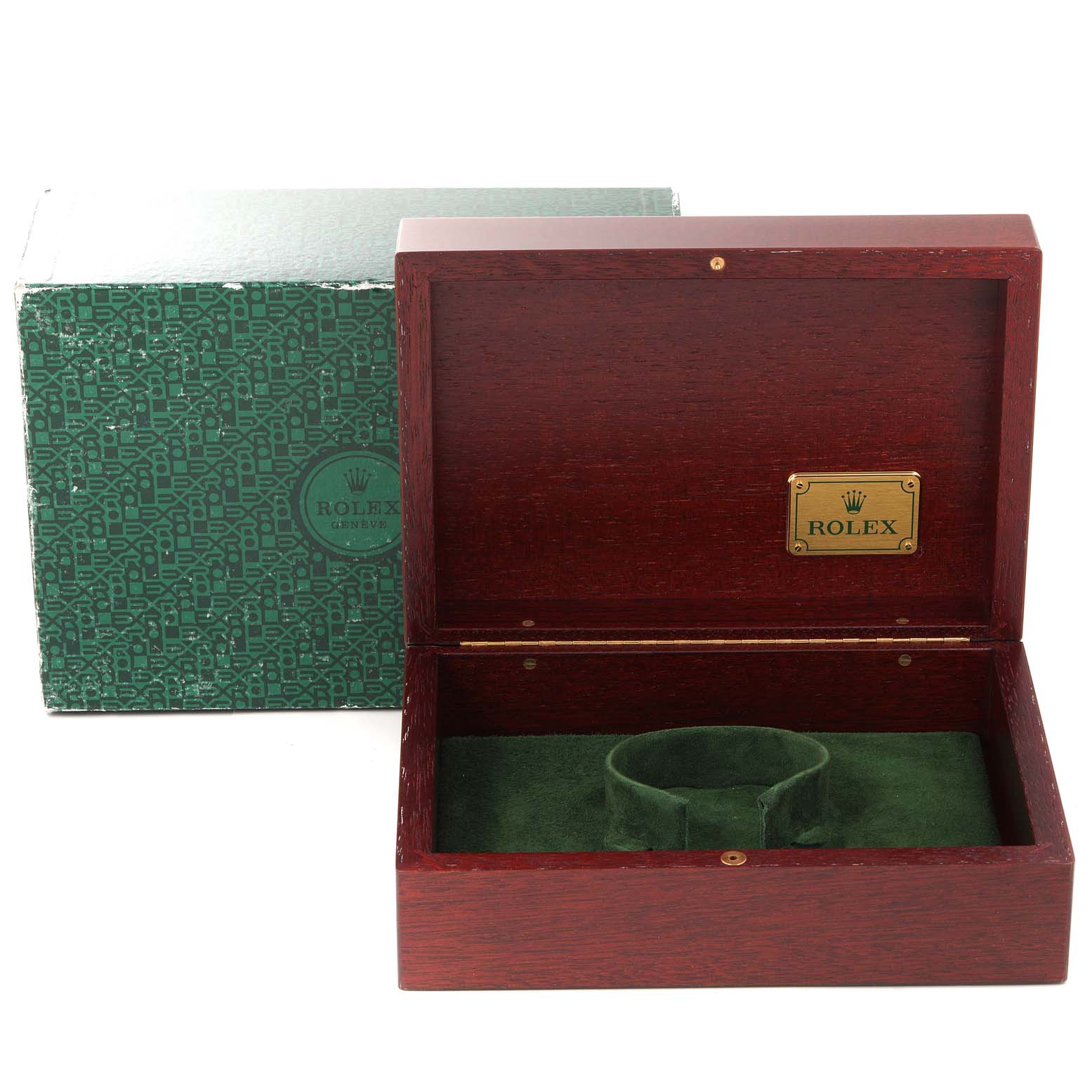 The image shows an open wooden Rolex Daytona 16523 Men
s Steel and Gold (two tone) White Dial 16523 Men
s Steel and Gold (two tone) White Dial watch box with a green cushion inside and a green outer box behind it.