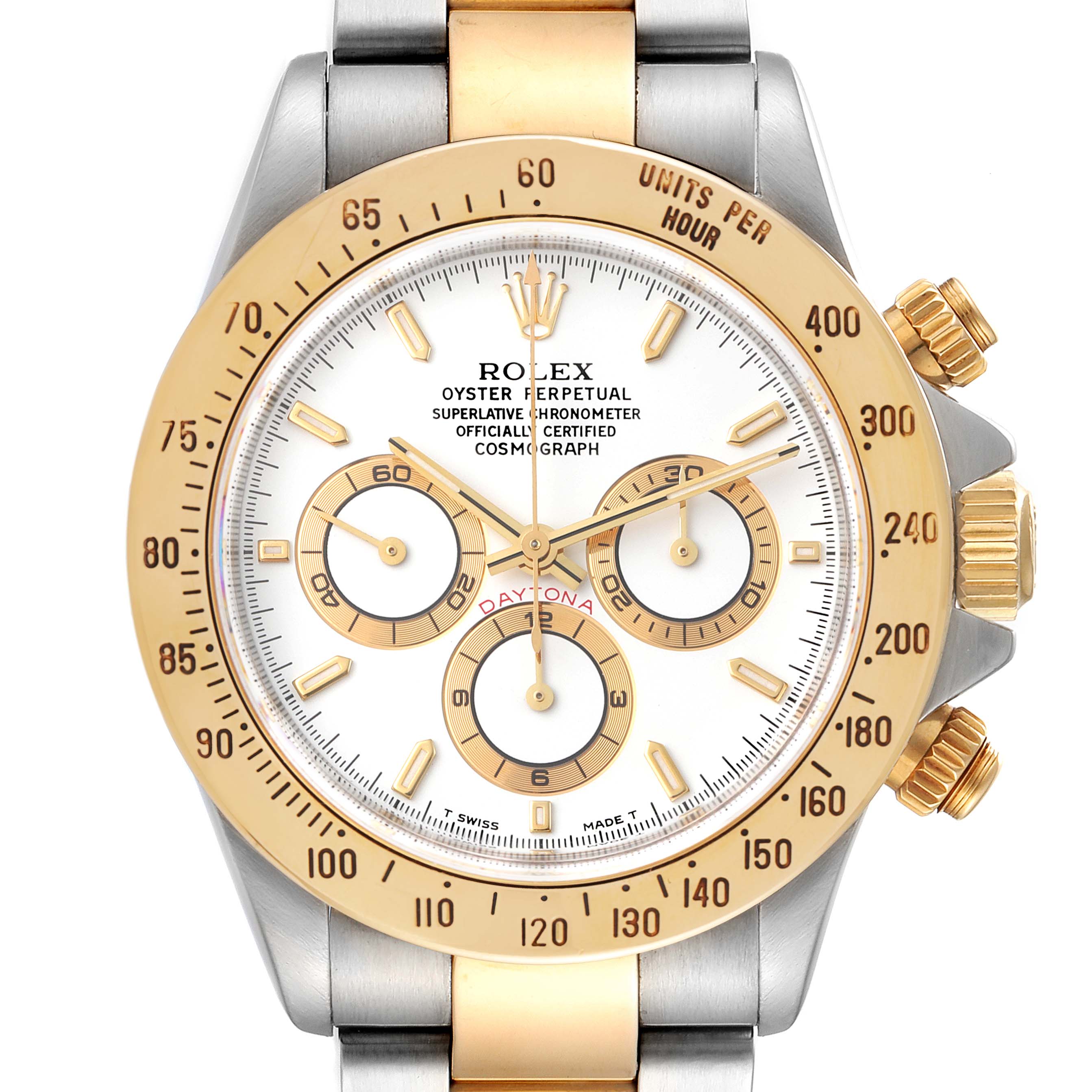 The image shows a front view of the Rolex Daytona 16523 Men
s Steel and Gold (two tone) White Dial 16523 Men
s Steel and Gold (two tone) White Dial watch, highlighting its white dial, gold bezel, and chronograph features.