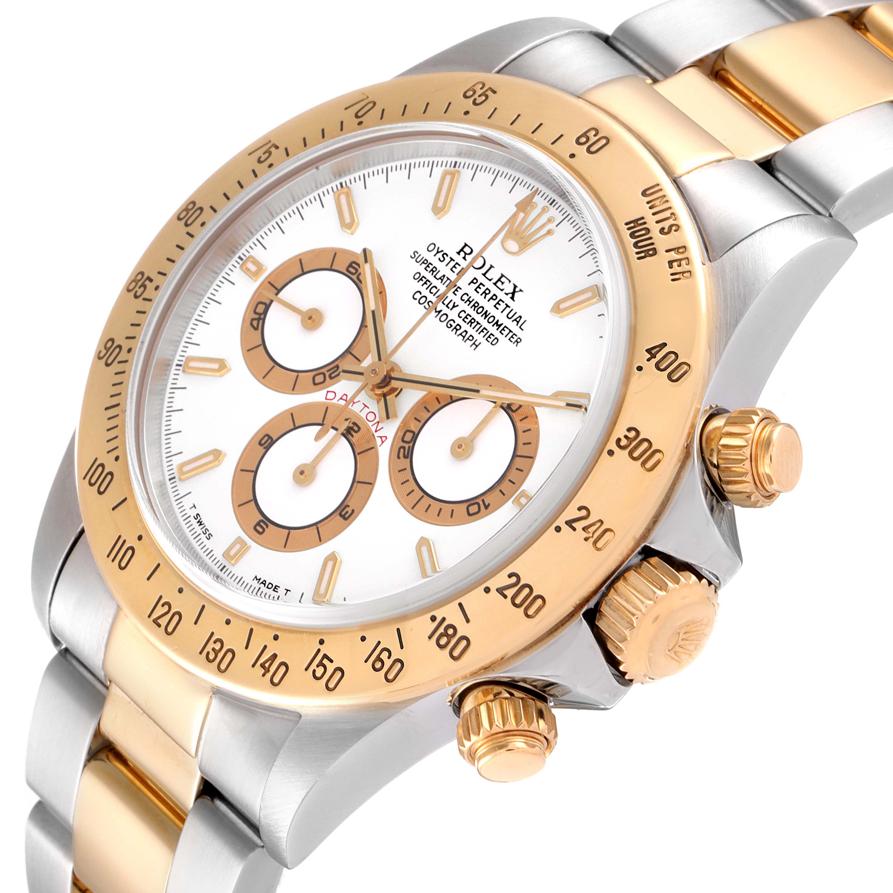 This image shows a close-up of a Rolex Daytona 16523 Men
s Steel and Gold (two tone) White Dial 16523 Men
s Steel and Gold (two tone) White Dial, highlighting the bezel, dial, and side buttons.