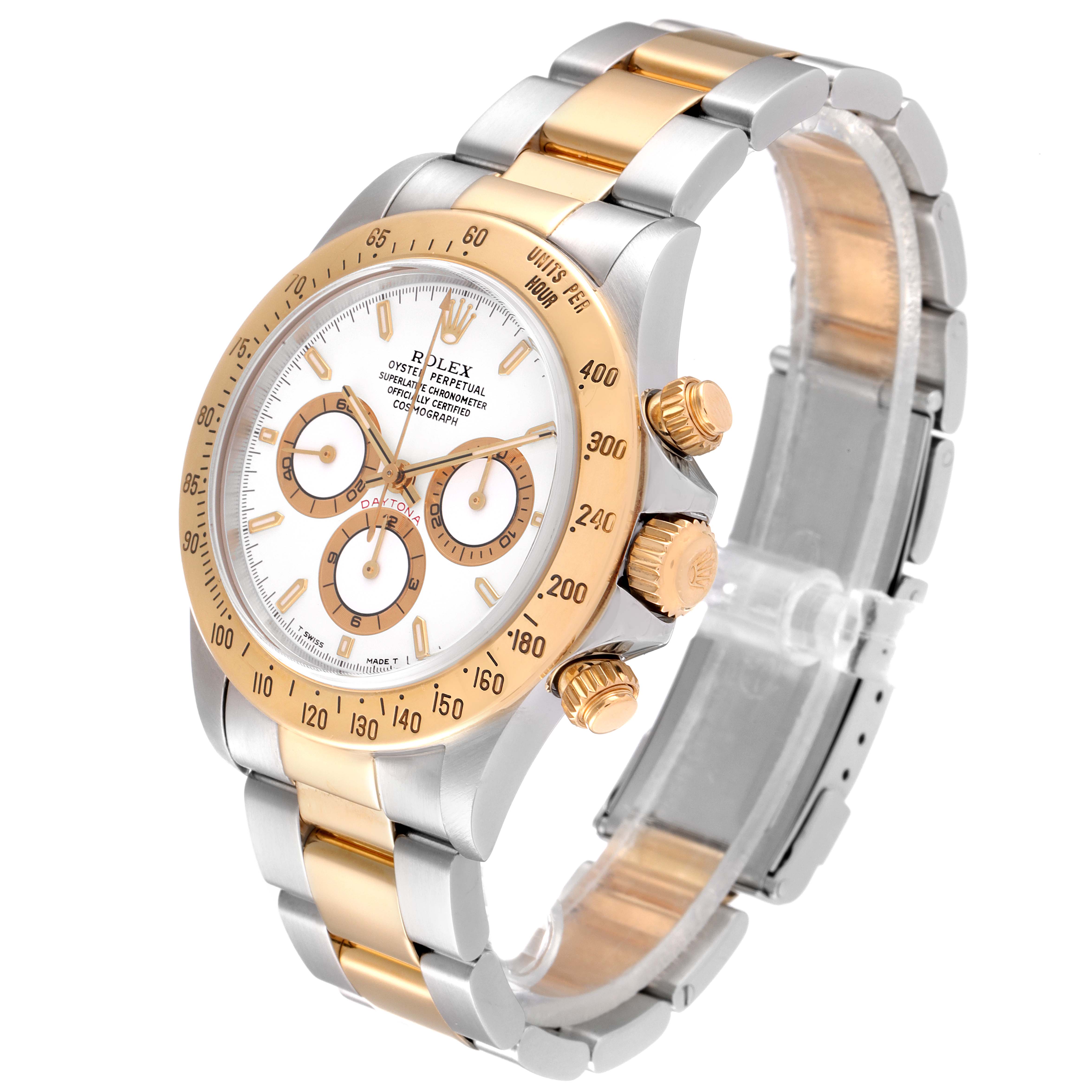 The Rolex Daytona 16523 Men
s Steel and Gold (two tone) White Dial 16523 Men
s Steel and Gold (two tone) White Dial watch is shown in a three-quarter angle, displaying its face, bezel, crown, pushers, and bracelet.